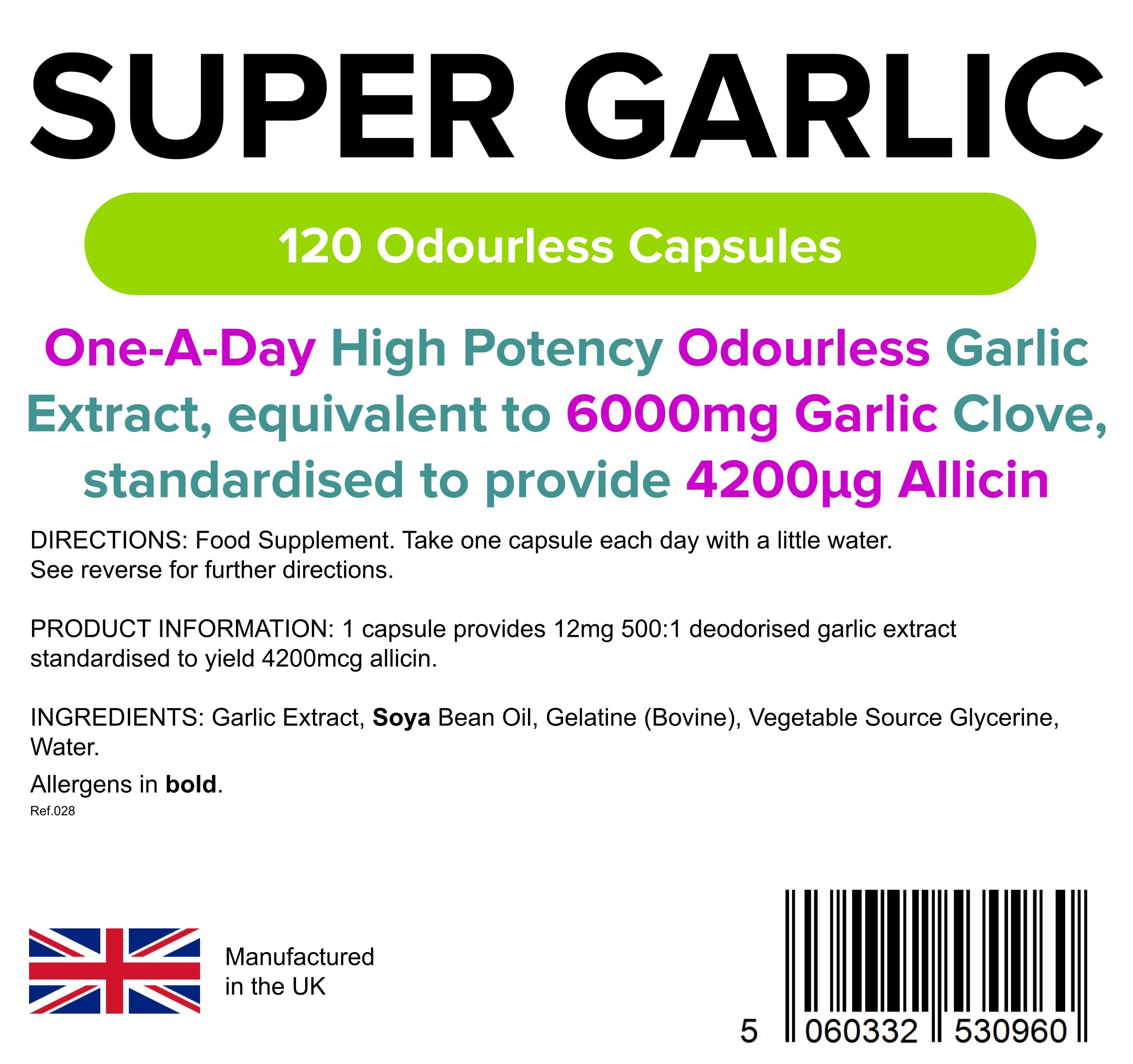 Lindens Super Garlic 6000mg High Strength Capsules   120 Pack   High potency odourless Garlic Extract, equivalent to 6000mg garlic clove in each one a day capsule, standardised to provide 4200_g allicin