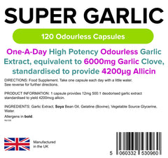 Lindens Super Garlic 6000mg High Strength Capsules   120 Pack   High potency odourless Garlic Extract, equivalent to 6000mg garlic clove in each one a day capsule, standardised to provide 4200_g allicin