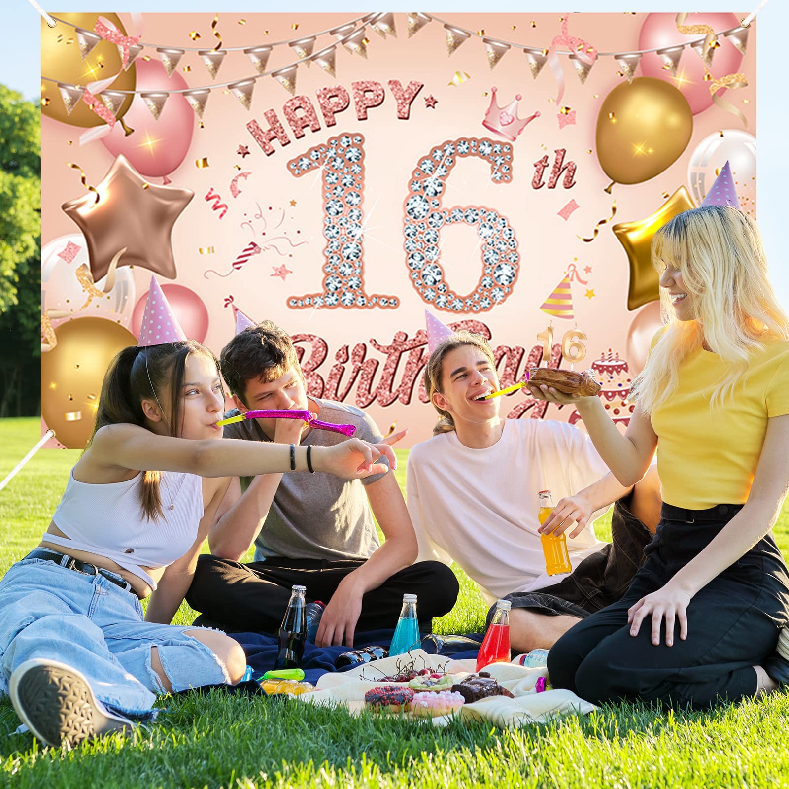 Pinenuts Happy 16th Birthday Banner Rose Gold Birthday Party Decorations Backdrop, Birthday Sign Poster Birthday Photo Background Fabric Banner for Girls Women, 110 x 180 cm( 16th)