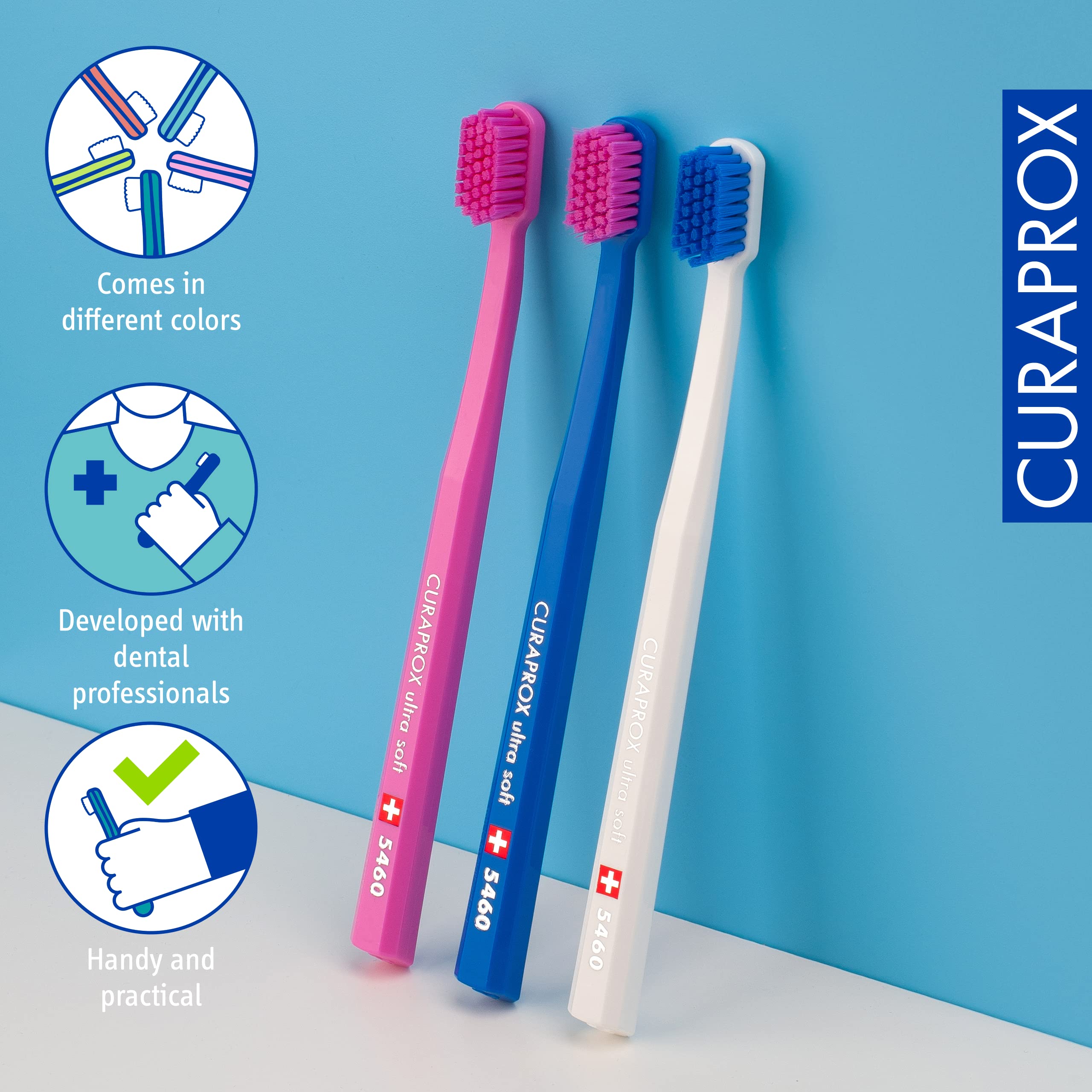 Curaprox Toothbrush Set CS 5460 - Pack of 3 Ultra Soft Manual Toothbrushes for Adults 5460 with Super Soft CUREN Bristles - Random Color