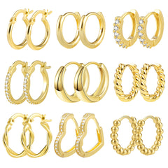 Gold Hoop Earrings Set, 9 Pairs Multipack Small Gold Hoop Earrings for Women, 14k Real Gold Plated Hoop Earrings with AAAand Cubic Zirconia Twist Heart Hypoallergenic Piercing Cartilage Hoops