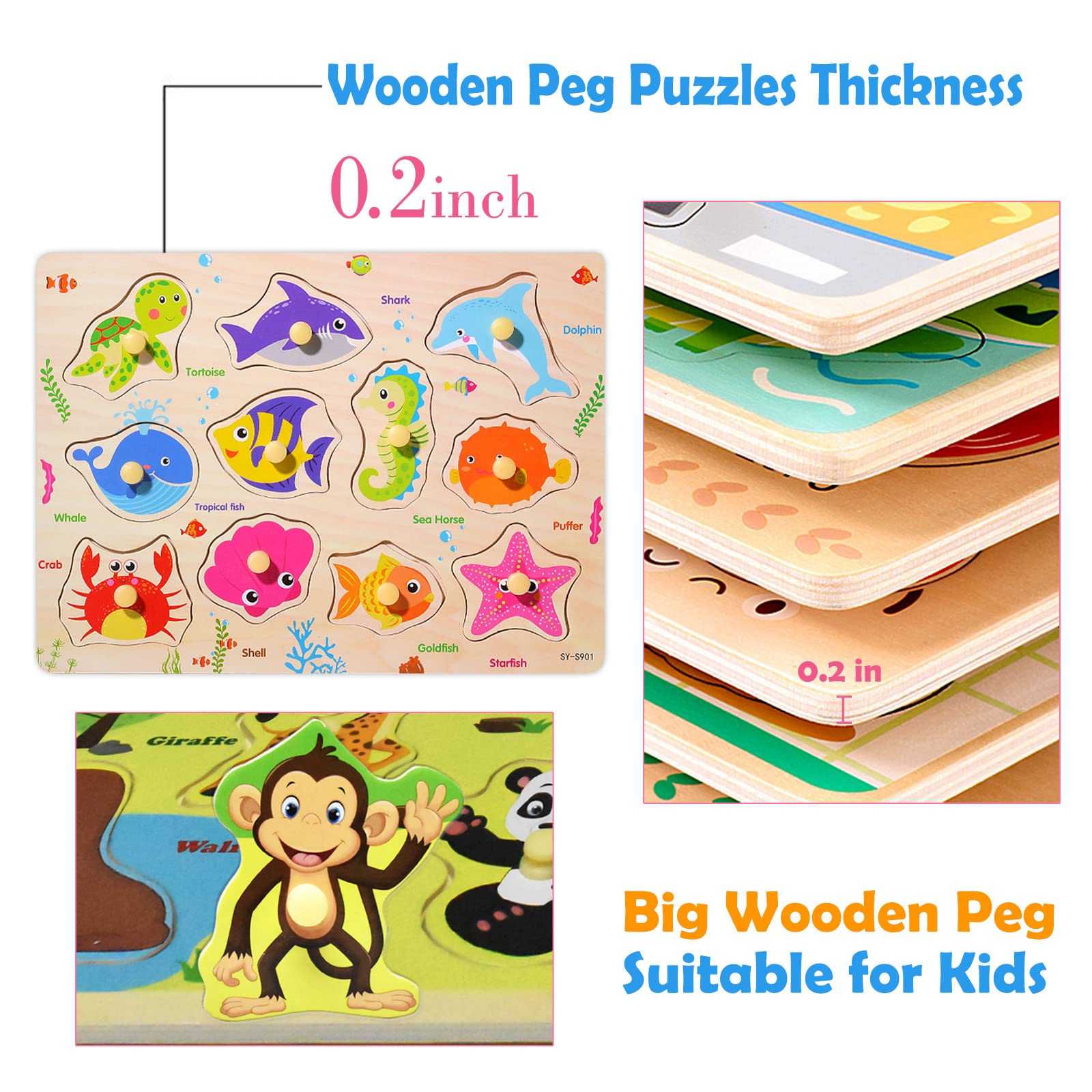 Wooden Puzzles for 3 Year Old-Wooden Toy Peg Puzzle Montessori Preschool Toys for baby & Toddlers, Early Education Games-Animals Puzzles Wooden Toy 3and Gift for Boy or Girl. (Marine animals)