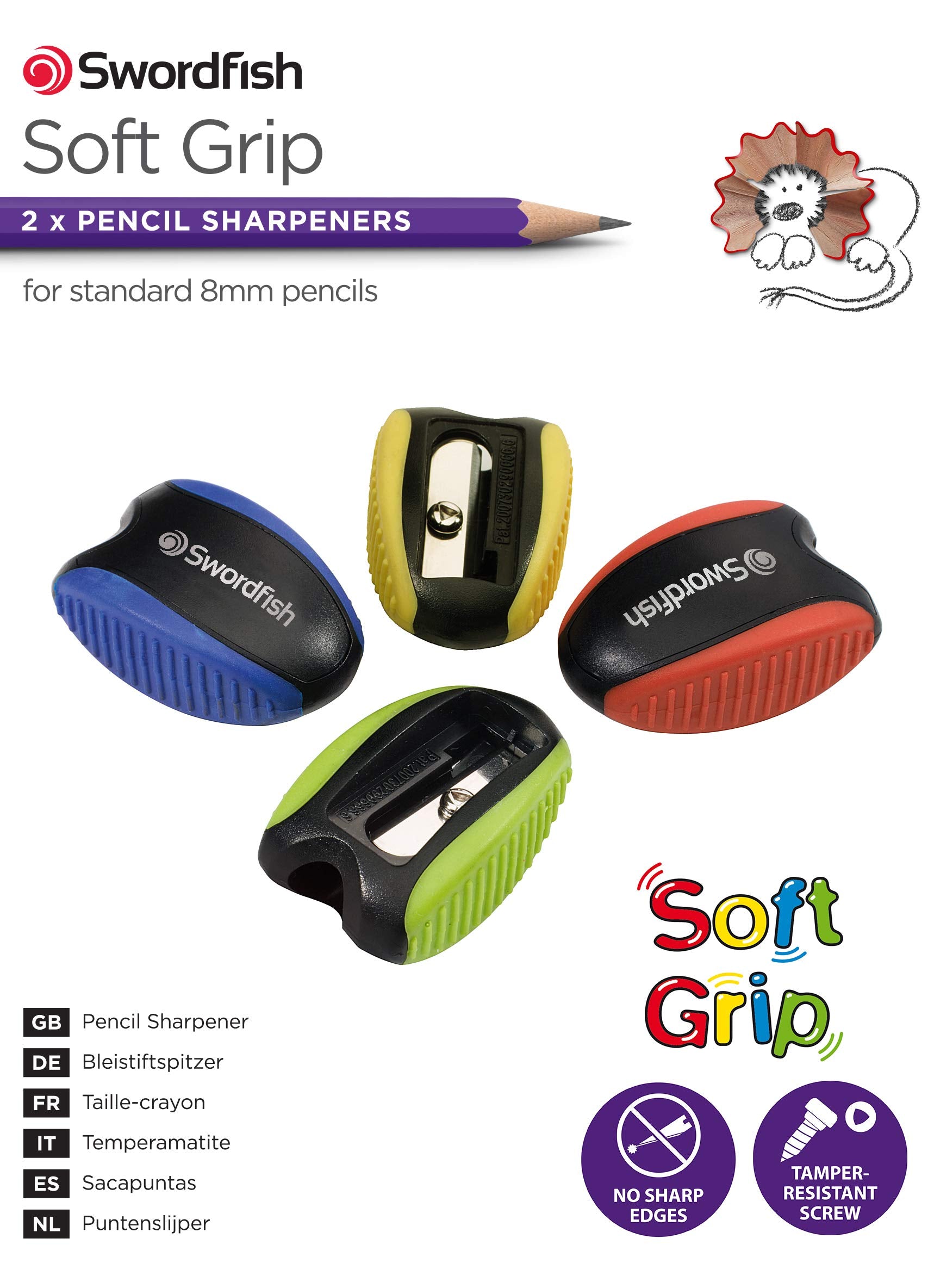 Swordfish [40287]‘Soft Grip’ Pencil Sharpener [Pack of 2] Assorted Colours ,Yellow,Blue,Green,Red