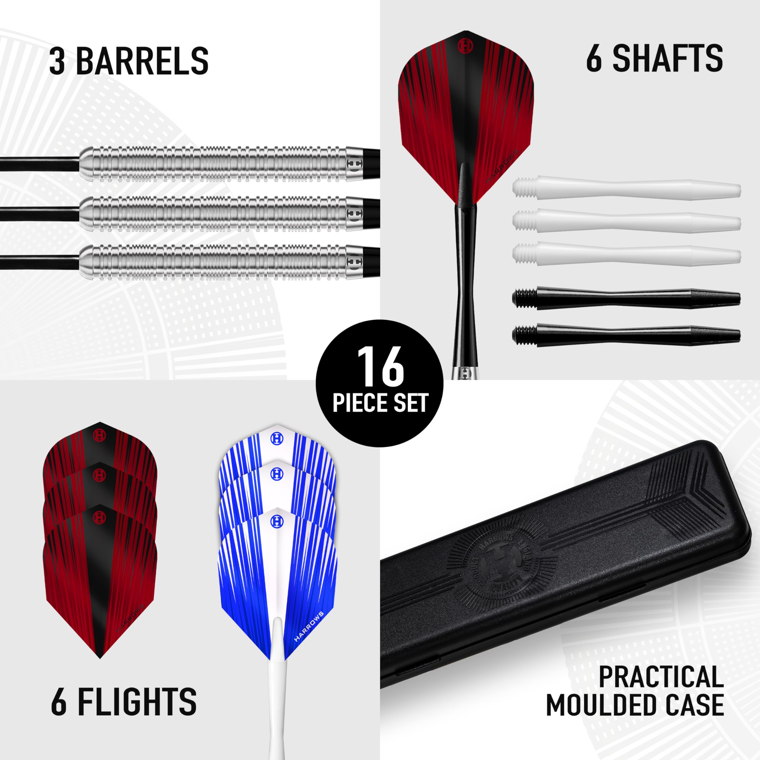 Harrows Caliber 90% Tungsten Steel Tip Darts Set 21g, 23g, & 25g - Includes Spare Shafts, Prime Flights & Travel Case (25, Grams)