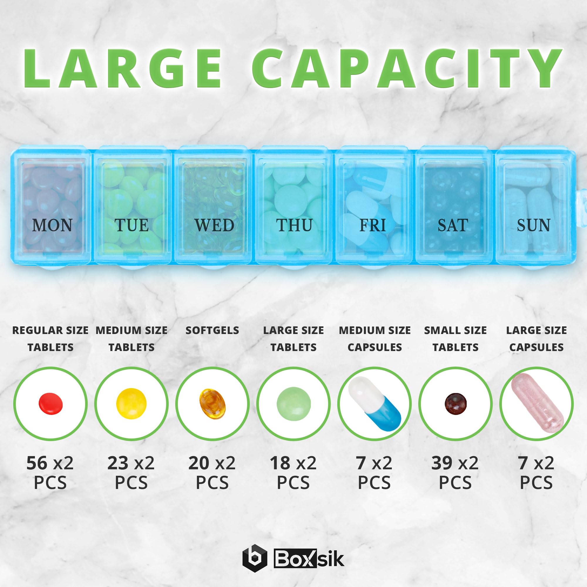 Boxsik Pill Box Organiser (Blue), 7-Day 1 Times a Day Medicine Storage Case, Weekly Tablet Pills Container for Vitamins, Supplements & Travel Medication, Safe & Portable Medicine Holder