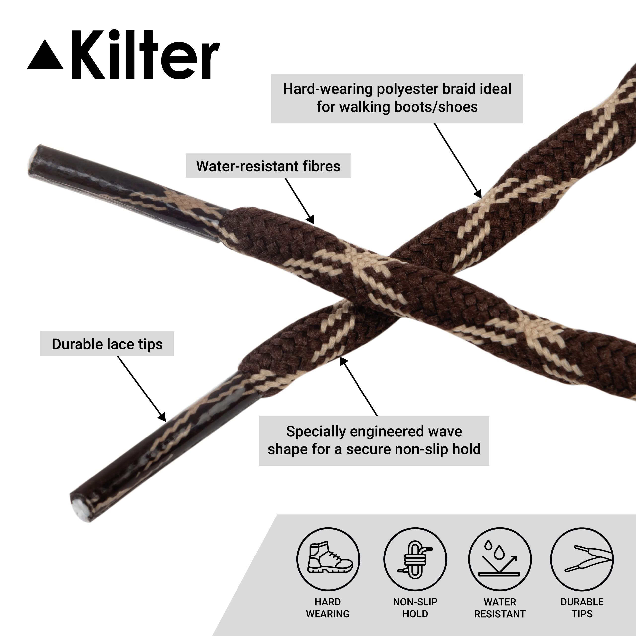 Kilter Strong Non-Slip Laces for Hiking Shoes and Boots - Brown/Beige - 140cm - 55 inch (2 Pairs)