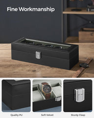 SONGMICS Watch Box with 6 Slots, Watch Case with Glass Lid, Watch Display Box with Removable Watch Pillows, Metal Clasp, Gift Idea, Black Synthetic Leather, Greenish Grey Lining JWB06BK