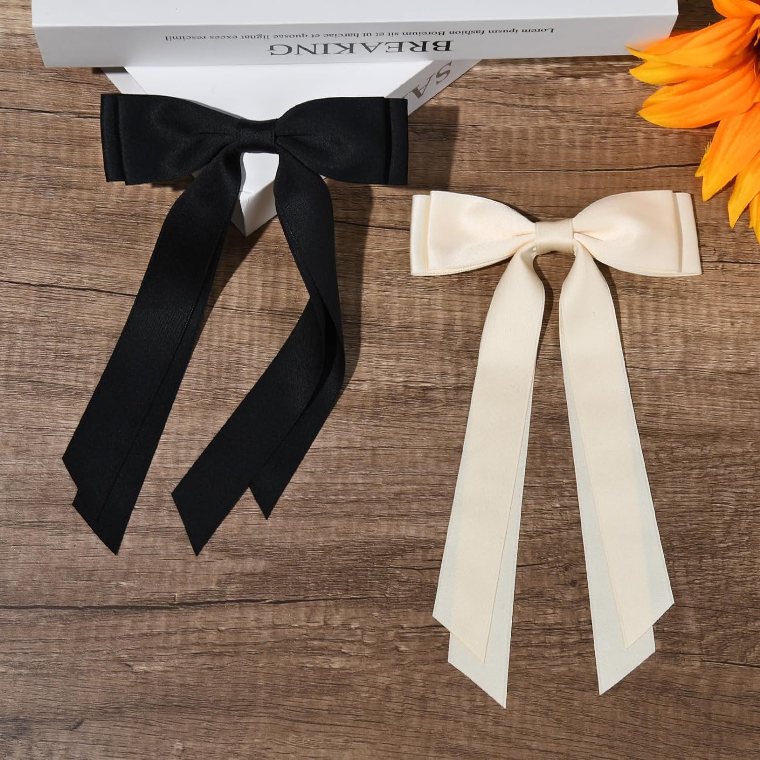 2PCS Silky Satin Hair Bows Hair Clip Black Hair Ribbon Ponytail Holder Accessories Slides Metal Clips Hair Bow for Women Girls Toddlers Teens Kids (BeigeandPink)