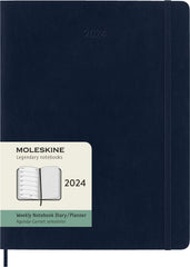 Moleskine Weekly Agenda with Space for Notes 12 Months 2024, Agenda 2024, Size XL 19x25, Soft Cover and Elastic Closure, Colour Sapphire Blue