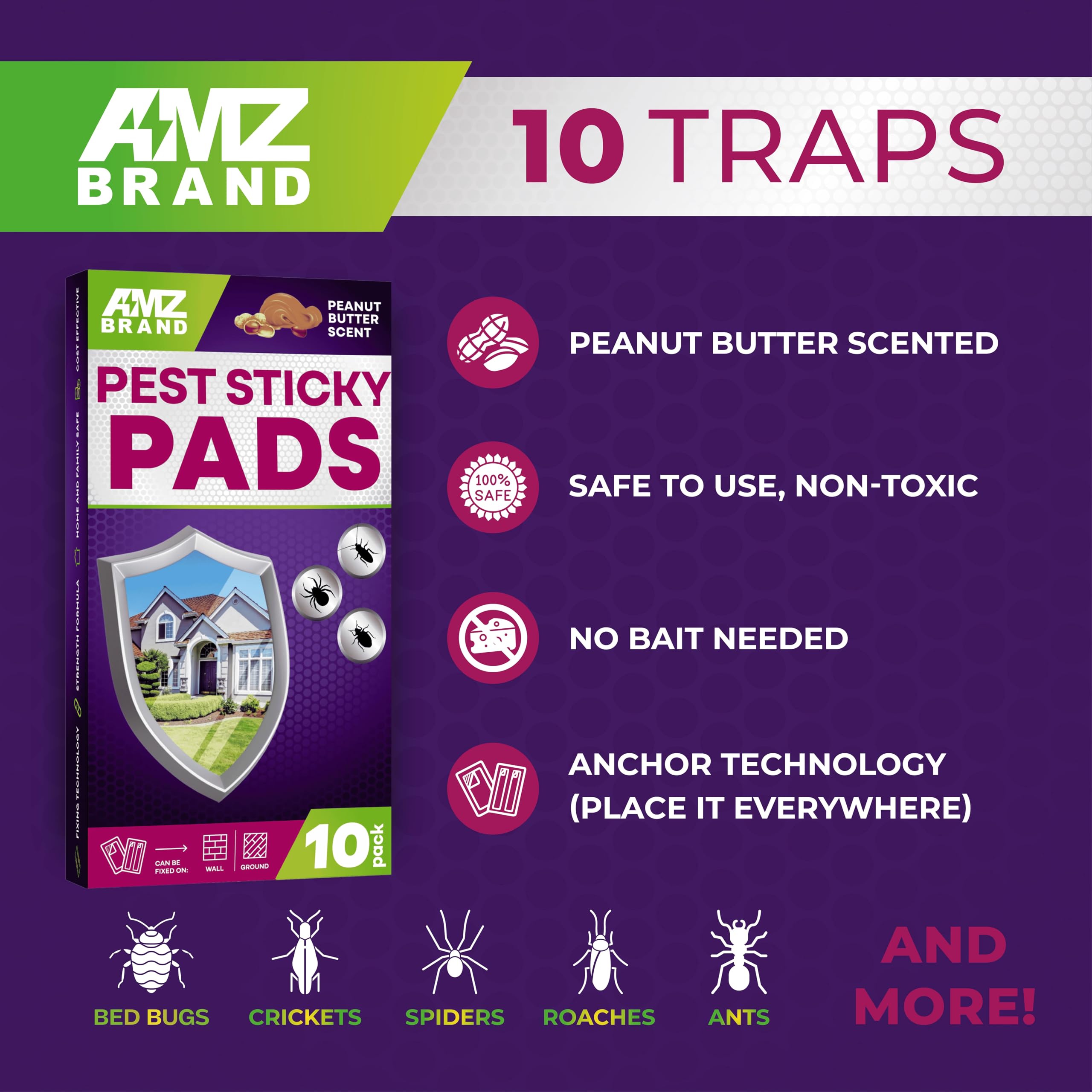 AMZ BRAND Pest Sticky Pads - 10 Pack - Peanut Butter Scented, Extra Strong Traps, Pest Control Traps for Indoor and Outdoor Use