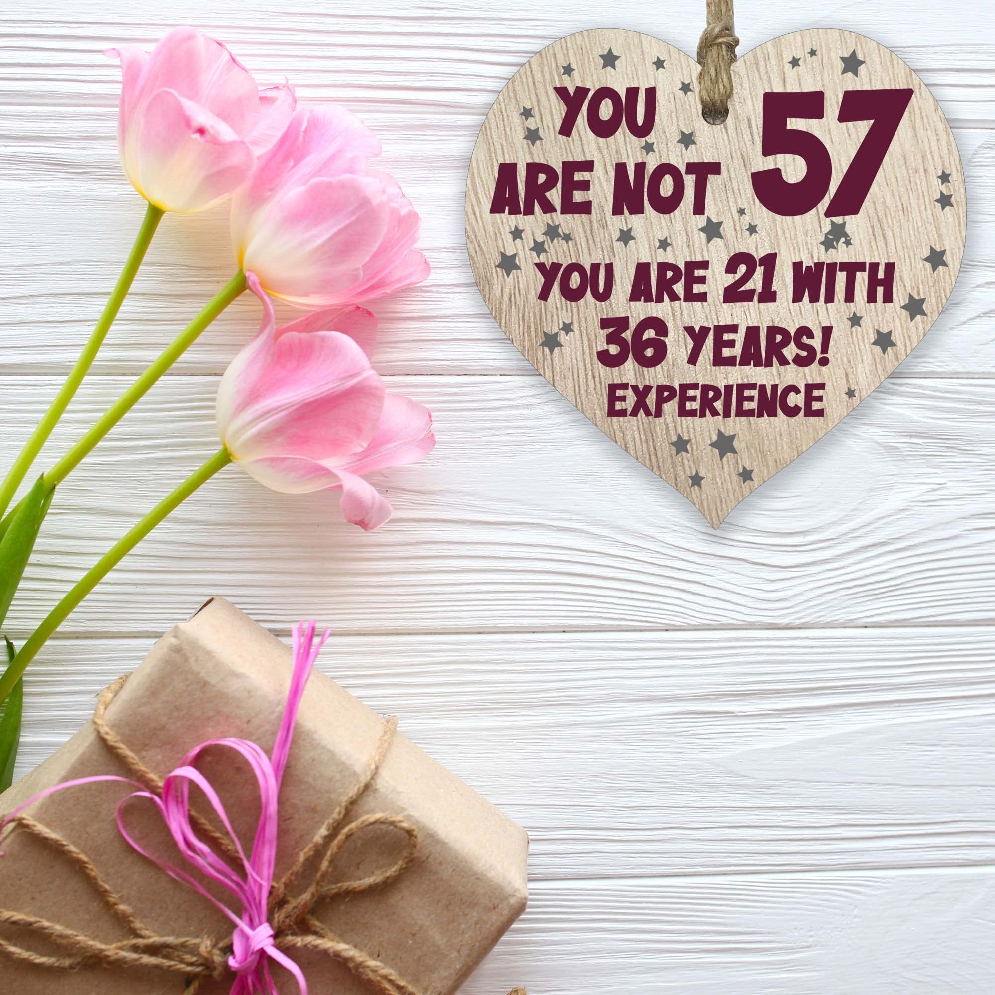 57th Birthday Gift For Women Men Wooden Heart Plaque, Light Wood Sign Keepsake, Happy Birthday Mum, Girlfriend, Dad, Husband, Wife, Boyfriend, Mum Gifts From Son, Nan, Grandad Birthday Present