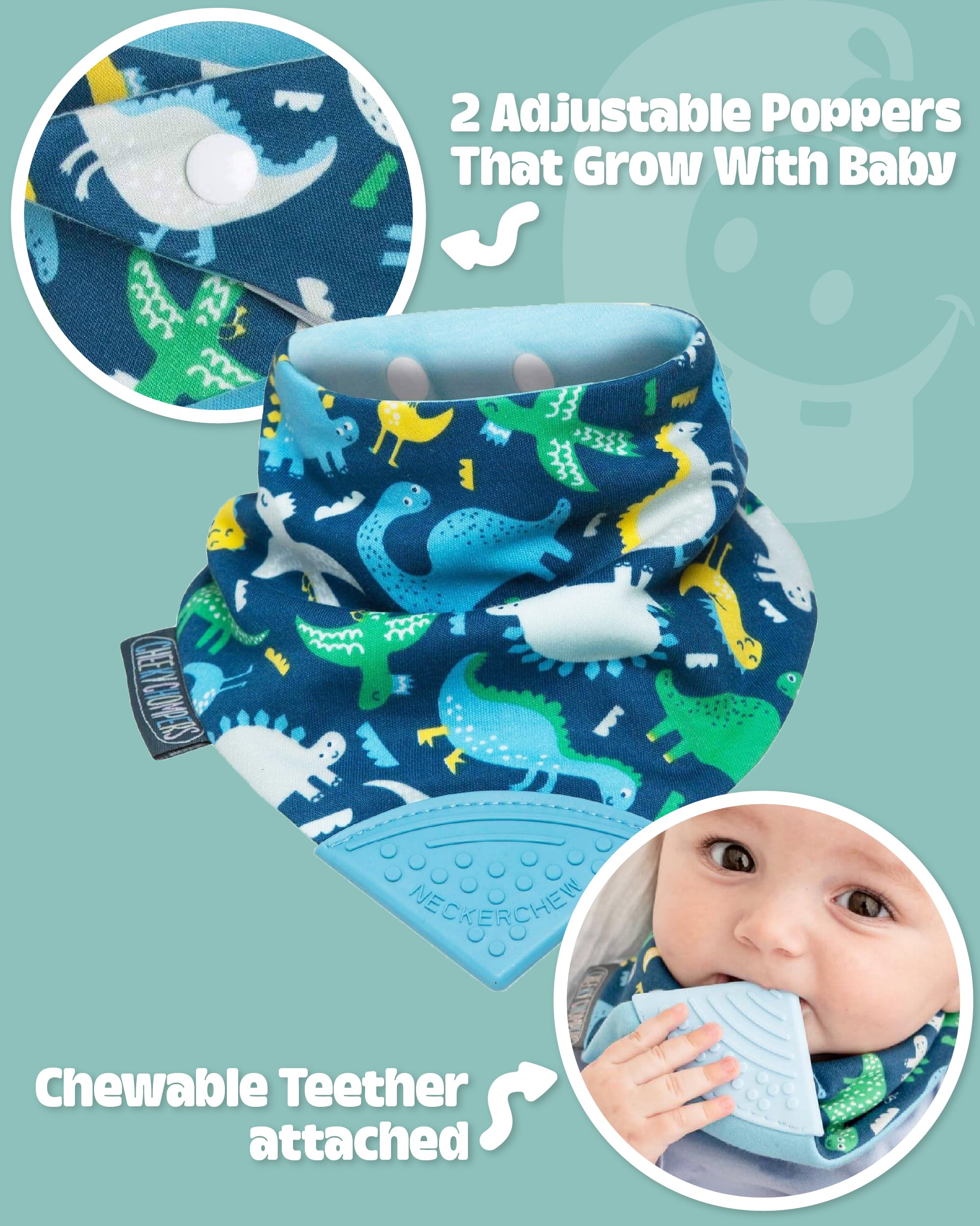 Cheeky Chompers Baby Bibs with Teether   2 monthsand Teething Bibs, Toddler Bibs   Reversible Dribble Bib & Baby Teether   Multi-Award Winning Neckerchew (Baby Dino, Single)