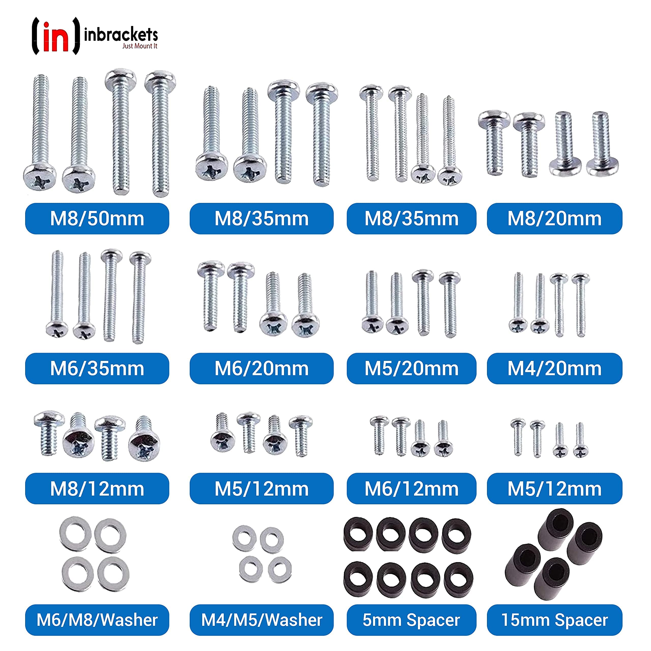 Inbrackets Universal Tv Bracket Screws Bolt Washer Spacer Spares Pack Kit for TV Bracket Wall Mounts compatiable with Vesa Tv wall mounts M4 M5 M6 M8 TOTAL 68PCS (68 Pcs)