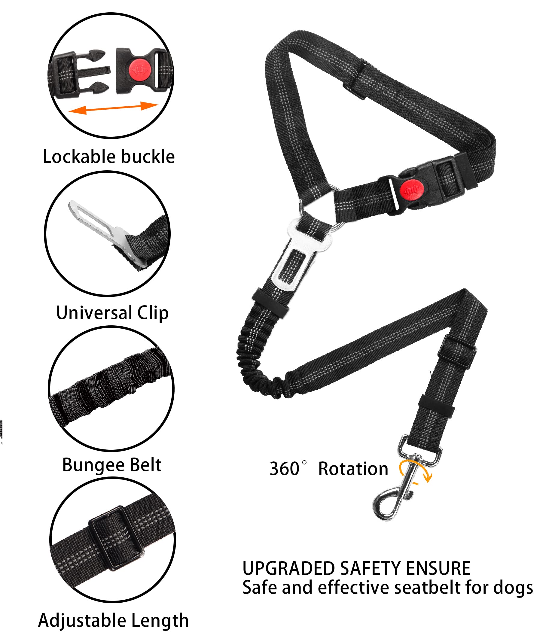 Dog Car Seat Belt, Restraint Adjustable with Elastic Bungee Buffer Headrest for Vehicle, 360° Swivel Carabiner Nylon Pet Safety Seat Belts Heavy Duty Car Harness for Dogs (Black, Safety buckle)