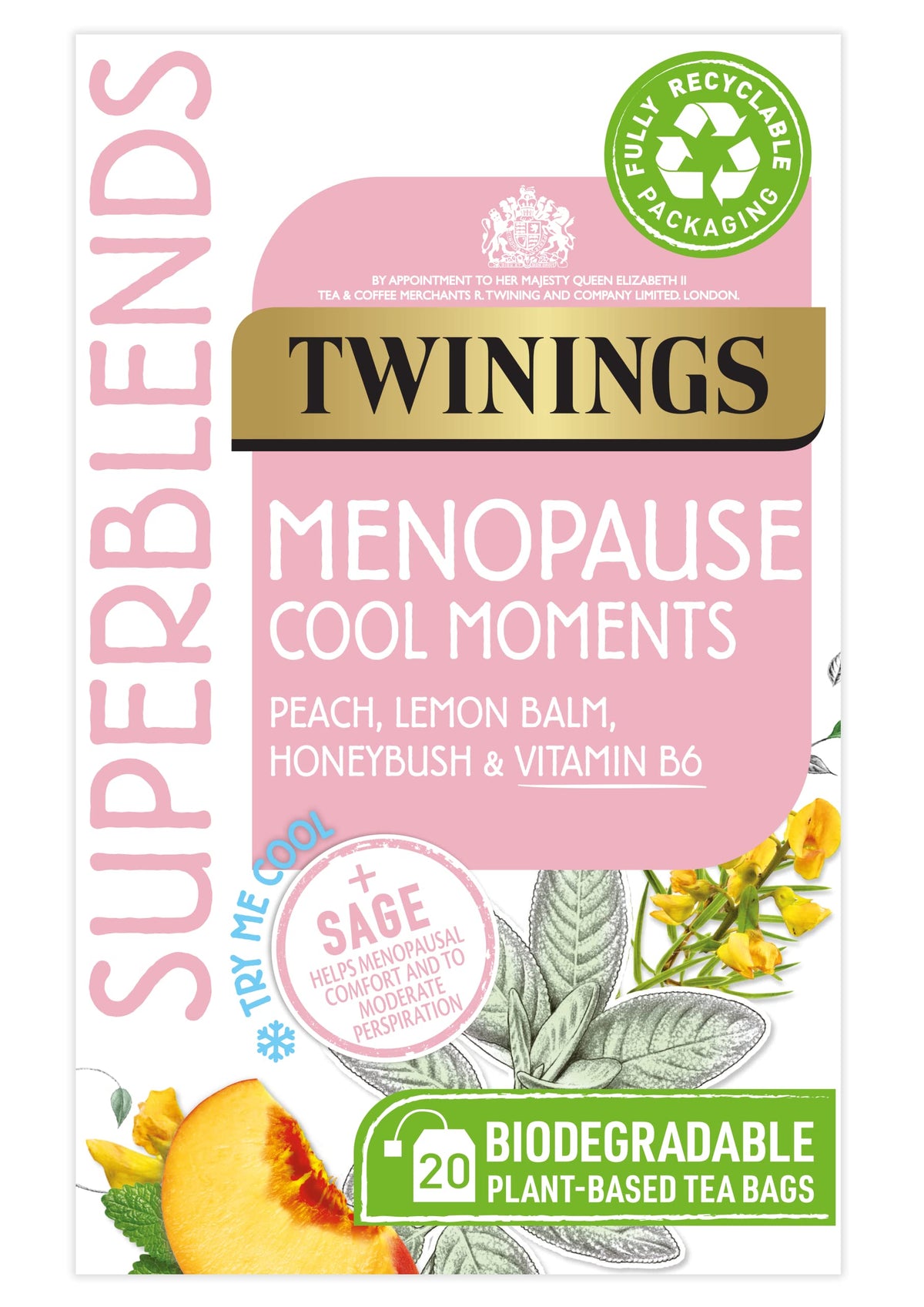 Twinings Superblends Menopause Cool Moments Peach Herbal Tea infusion with Lemon Balm, Honey Blush & Vitamin B6, 20 Biodegradable Bags