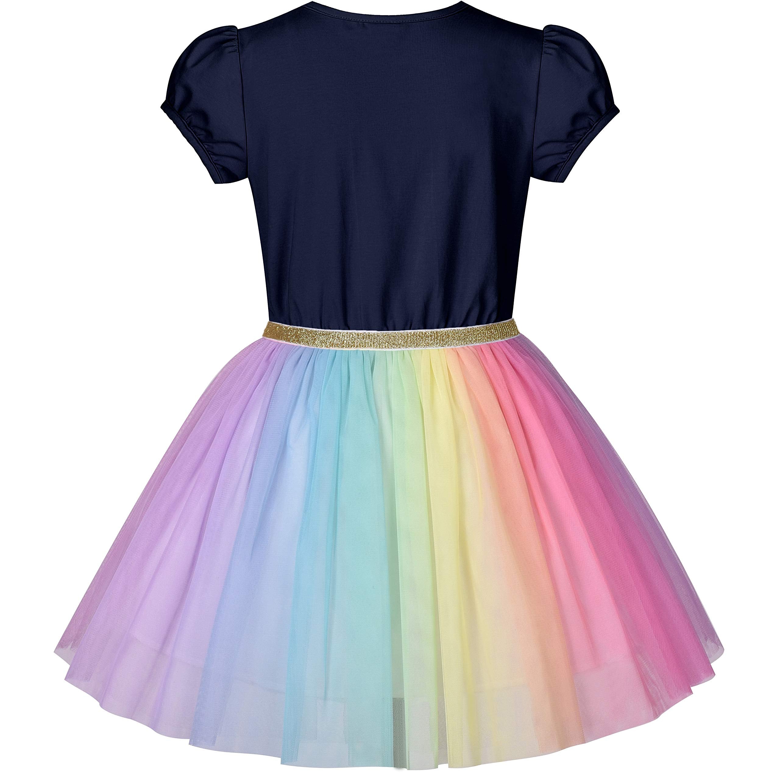 Sunny Fashion Girls Dress Navy Blue Short Sleeve Rainbow Tulle Skirt Birthday Party Age 7 Years