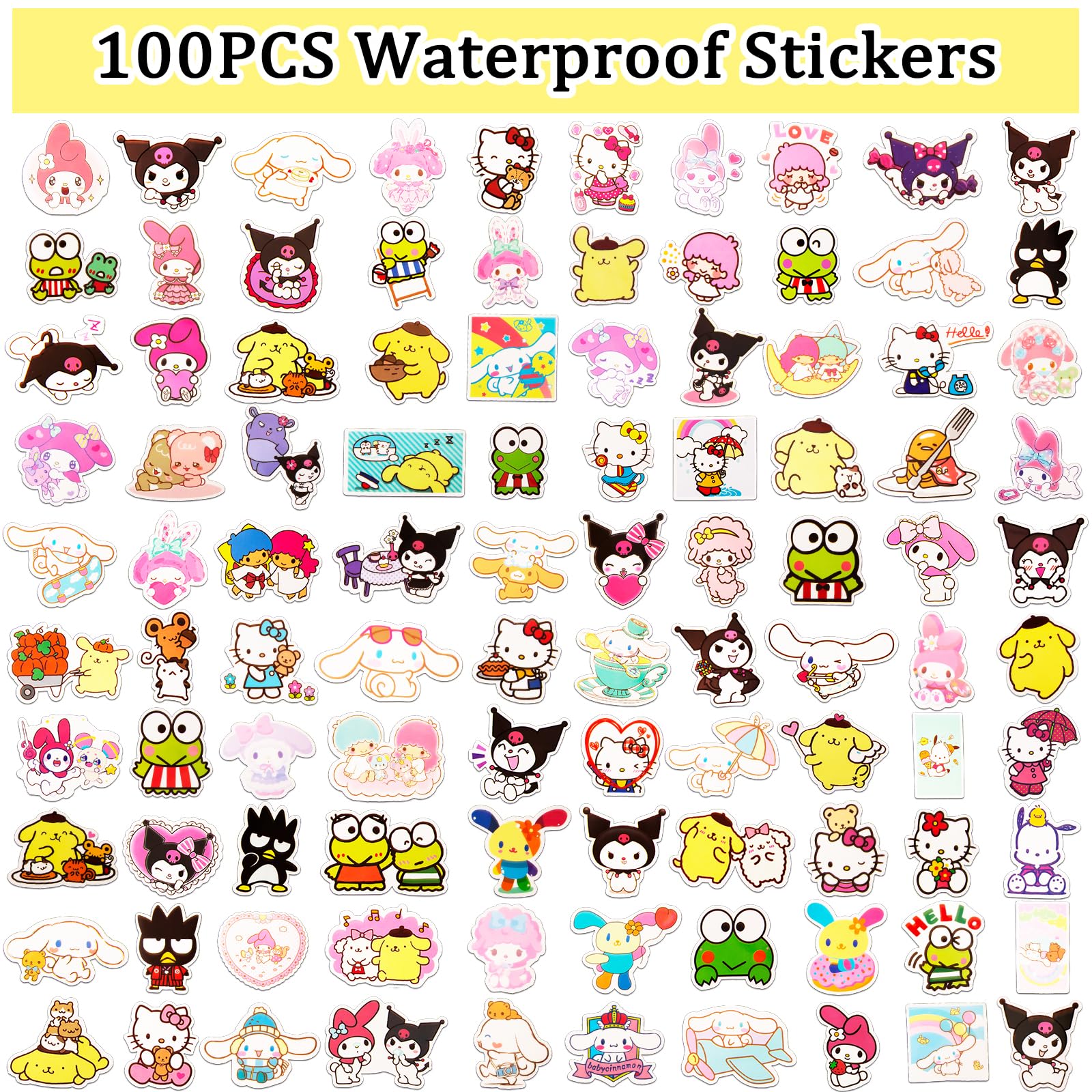 100pcs Sanri Stickers, Stickers for Party Bags Waterproof Vinyl Kawaii Stickers for Kids Girls, Cartoon Stickers for Water Bottles Laptop Luggage Scrapbook Guitar