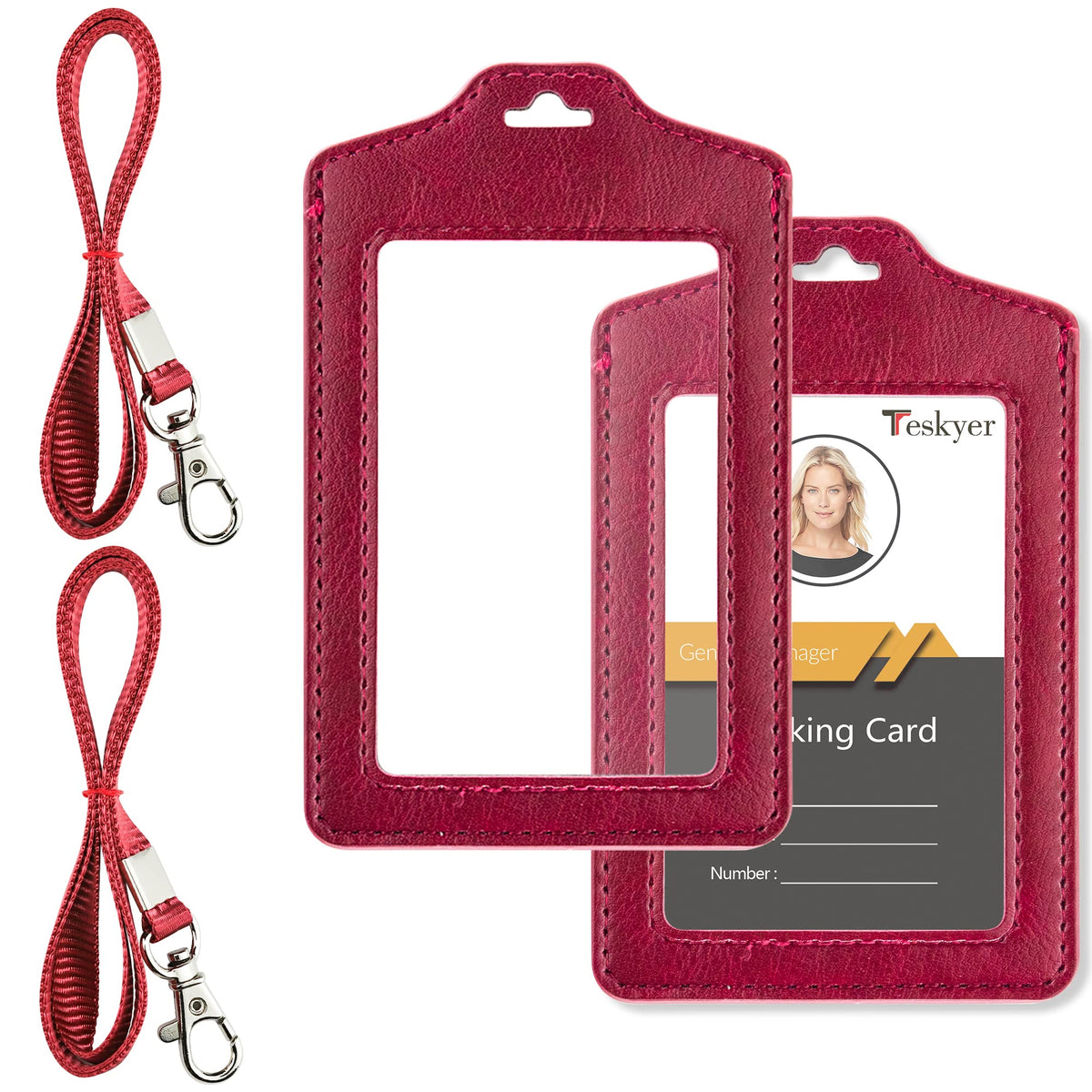 Teskyer 2 Pack Double Sided Clear Badge Holder, ID Card Holders, with Nylon Lanyard, for Work, Business, Oyster Card, Bus, Pass, Red Wine