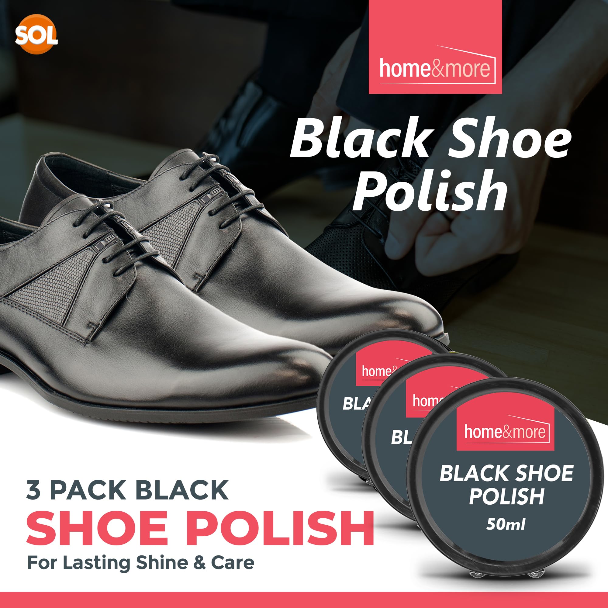 SOL 3pk Black Shoe Polish   50ml Tins Black Boot Polish   Black Leather Shoe Polish with Beeswax & Carnauba Wax for lasting Shine & Care   Black Polish Shoes