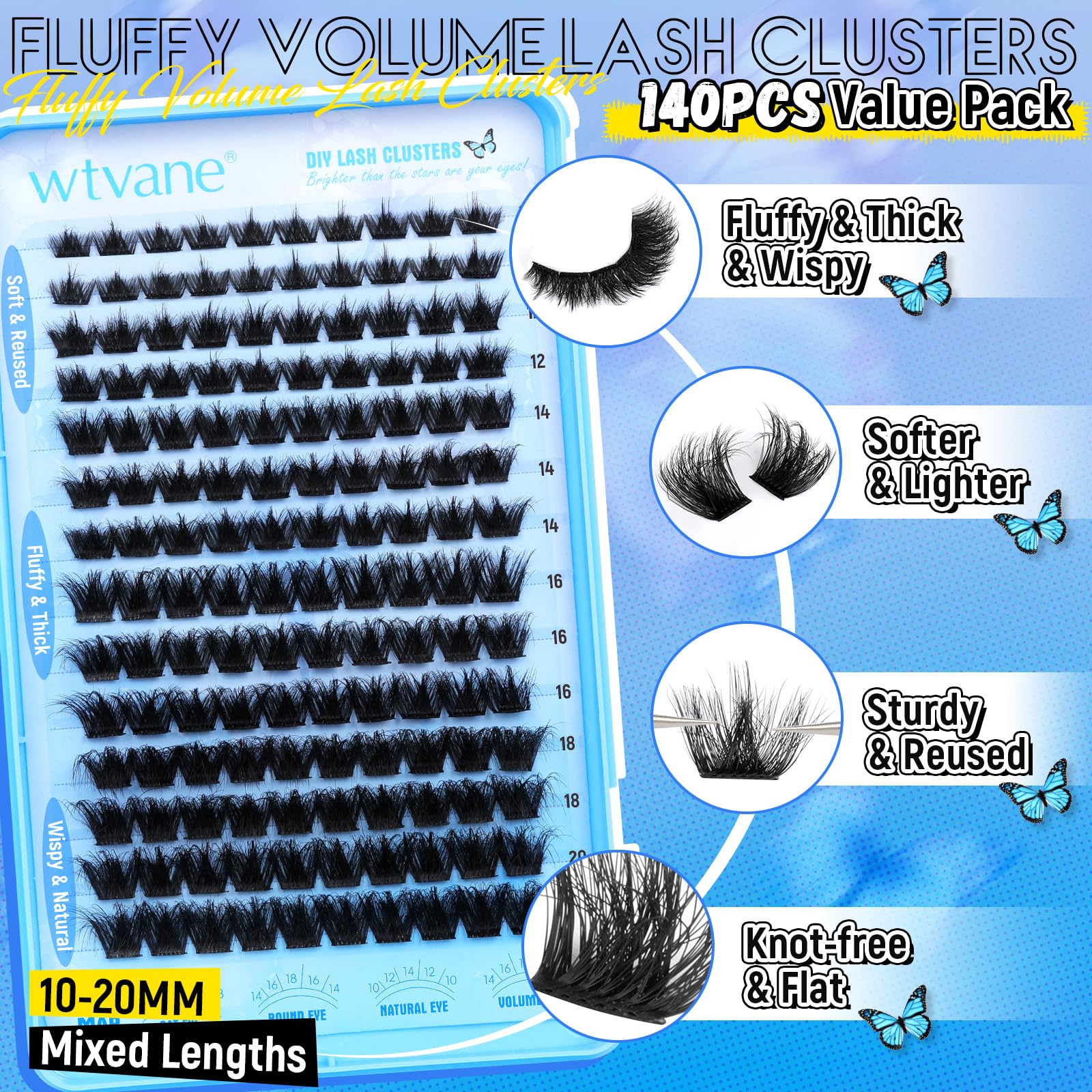 wtvane Fluffy Individual Eyelashes Thick Cluster Lashes Wispy Lashes Individual Cluster 10-20mm 140PCS Eyelash Clusters Dramatic Eyelashes Individual D Curl Lash Extensions