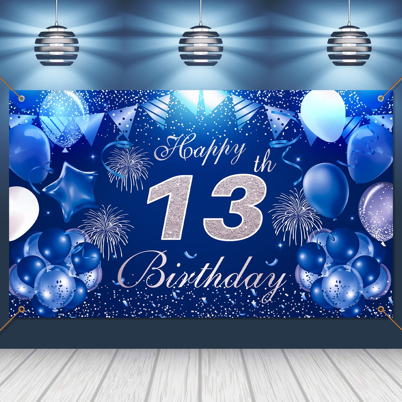 Pinenuts Happy 13th Birthday Backdrop Banner Blue 13th Birthday Decorations for Boys Girls, Large Fabric Birthday Photo Background Birthday Sign Poster, 3.6 x 6.1 ft