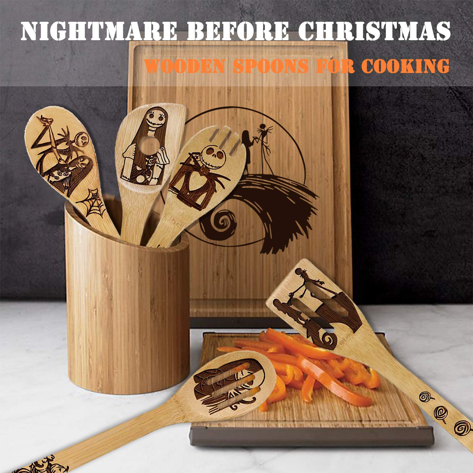 Nightmare Before Christmas Wooden Spoons Cooking Utensils Set, Jack Skellington Wooden Kitchen Utensils Set for Kitchen Decor,5 Pcs Wooden Spatulas for Cooking,Mothers Day Gifts