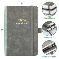 Pocket Diary 2024 - Day Per Page Diary 2024, Daily Planner from January to December 2024, Pocke Size 9x12 CM, with Faux Leather Hardcover, Elastic Closure, Back Pocket, Grey