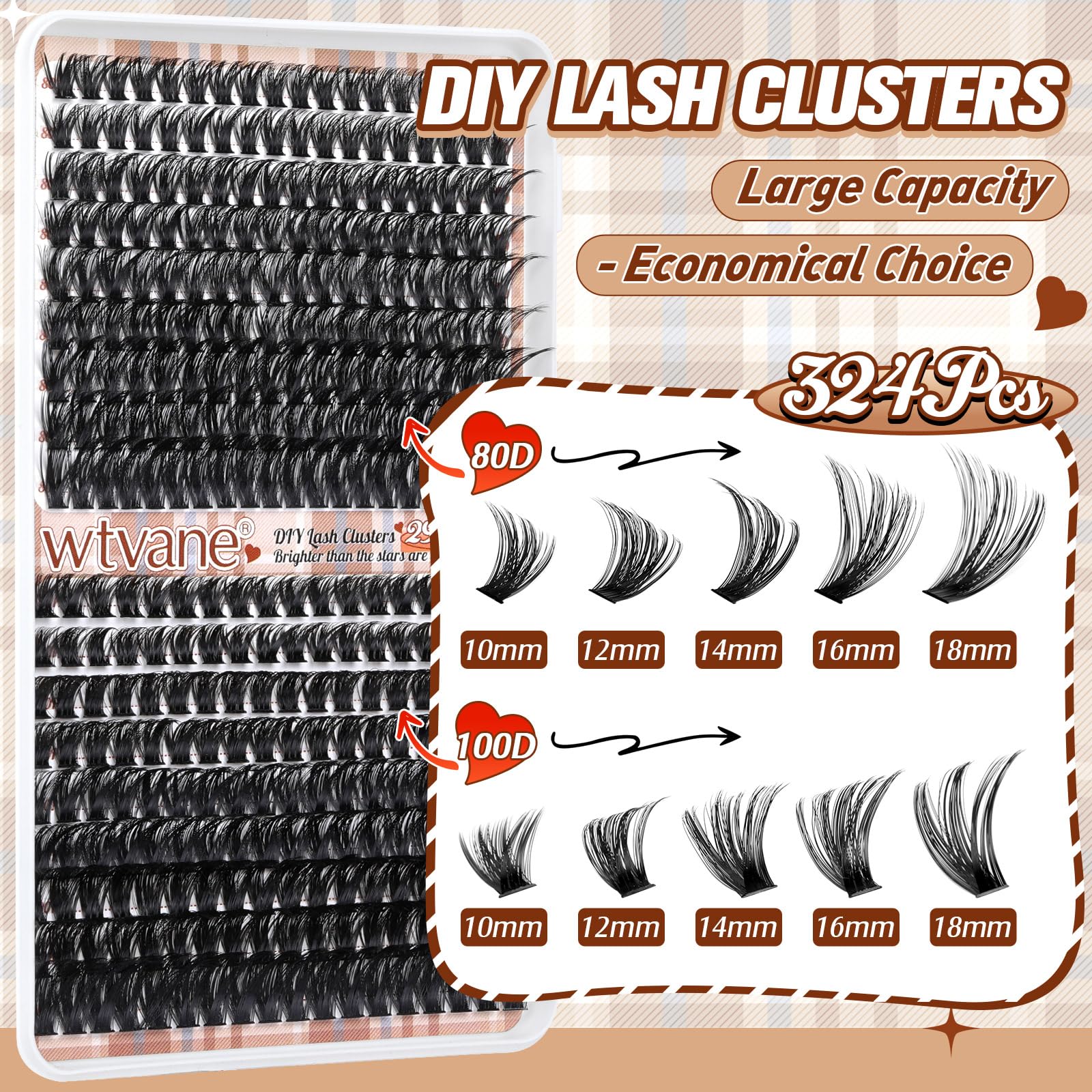 wtvane Thick Individual Eyelashes 80Dand100D Cluster Lashes 324PCS False Eyelashes Clusters D Curl Wispy Lashes Individual Cluster 10-18MM Fluffy Lash Extensions (80Dand100D-0.07D-10-18MIX-324PCS)