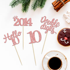 Gyufise 24Pcs Rose Gold Glitter Happy 10th Birthday Cupcake Toppers 10 Ten Hello 10 Double Dights Since 2014 Cupcake Picks for 10th Birthday Party Decorations