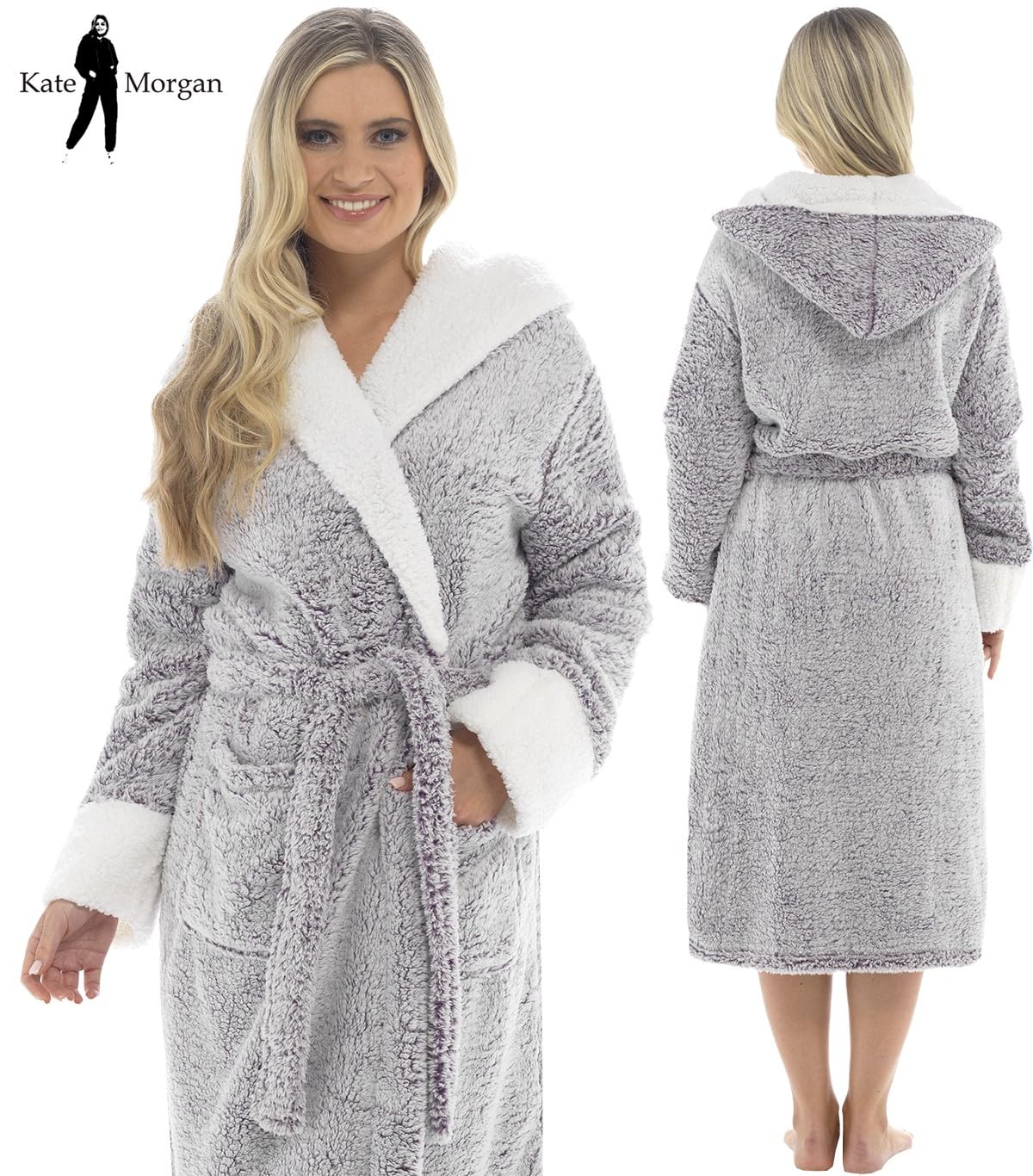 KATE MORGAN Ladies Dressing Gown Fluffy Super Soft Hooded Bathrobe for Women Plush Fleece Perfect Loungewear Long Robe   Gifts for Women S Purple