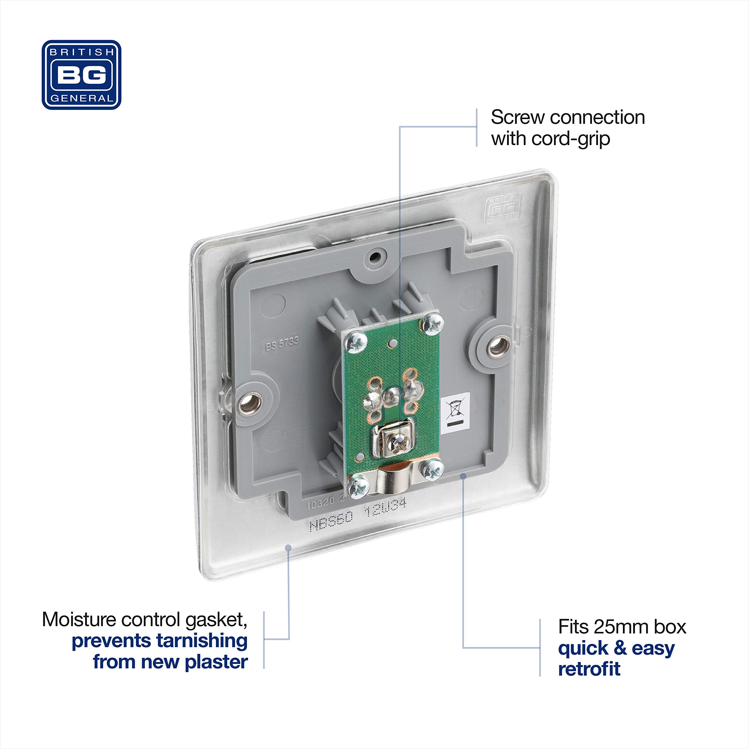 BG Electrical NBS60-01 Single Co-Axial Socket, Brushed Steel, 86mm x 86mm x 20mm