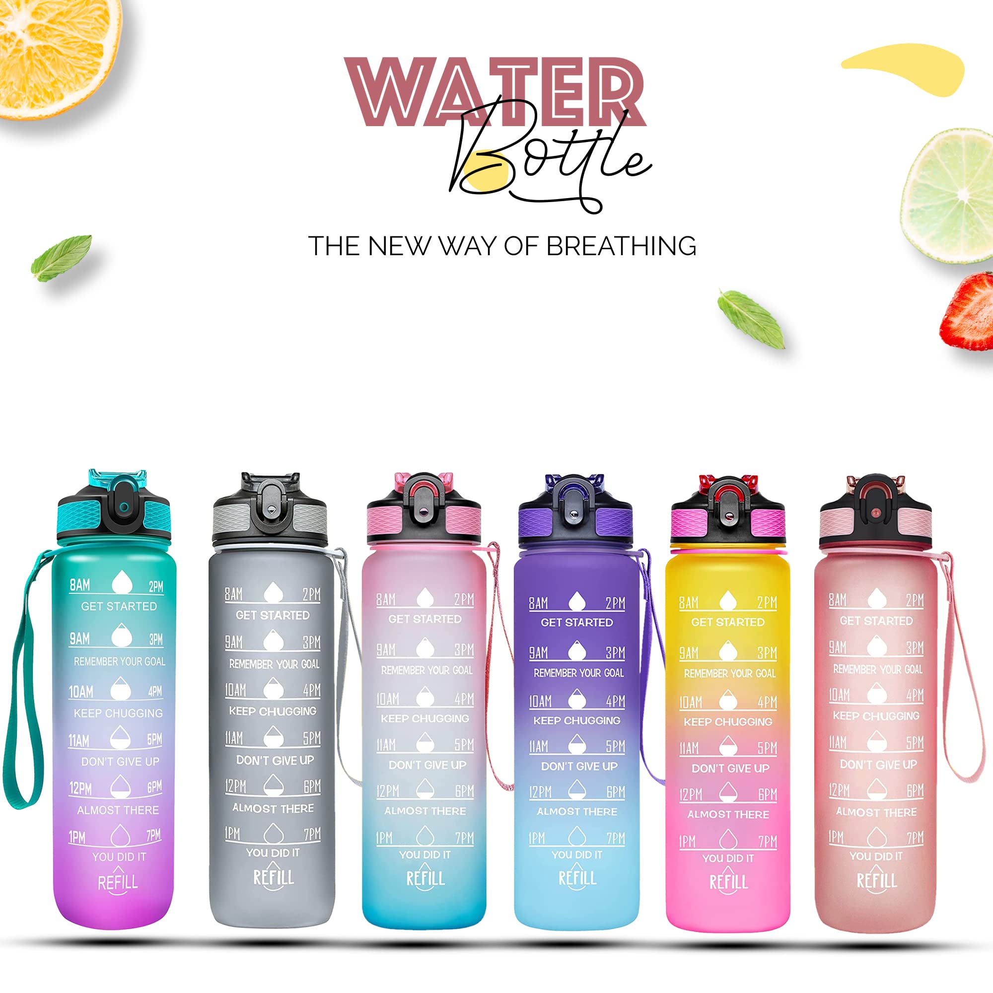 Water Bottle 1000ml Sports Water Bottle with Motivational Time Marker & Straw, Dishwasher Safe Leak-proof Drink Bottle BPA Free Non-Toxic Tritan Material 1 Click Open for Running Gym (Blue Gradient)