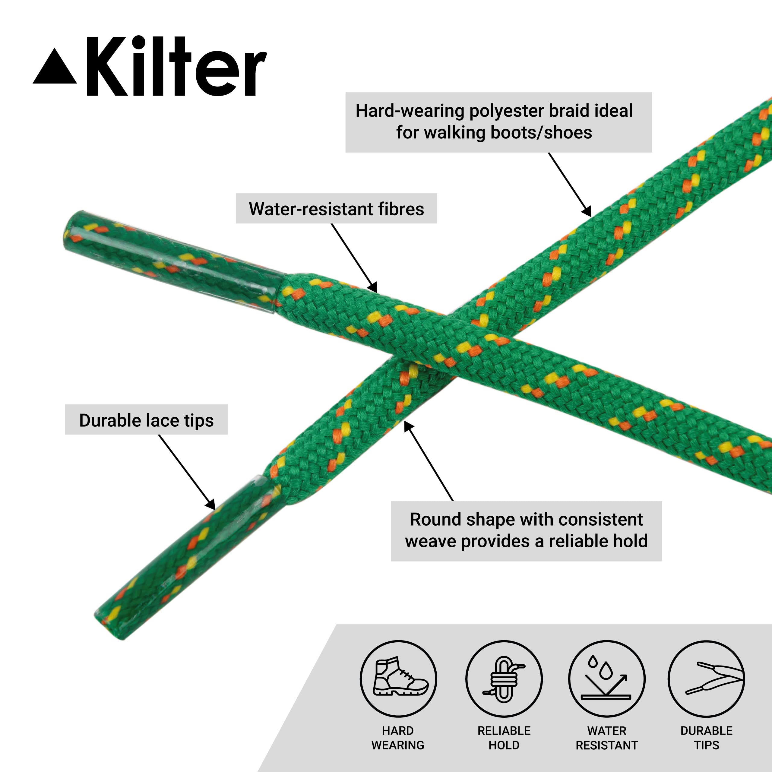 Kilter Strong Round Rope Style Shoelaces For Hiking Shoes and Boots - Green/Orange/Yellow - 100cm - 39 inch (2 Pairs)