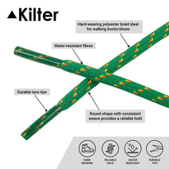 Kilter Strong Round Rope Style Shoelaces For Hiking Shoes and Boots - Green/Orange/Yellow - 100cm - 39 inch (2 Pairs)