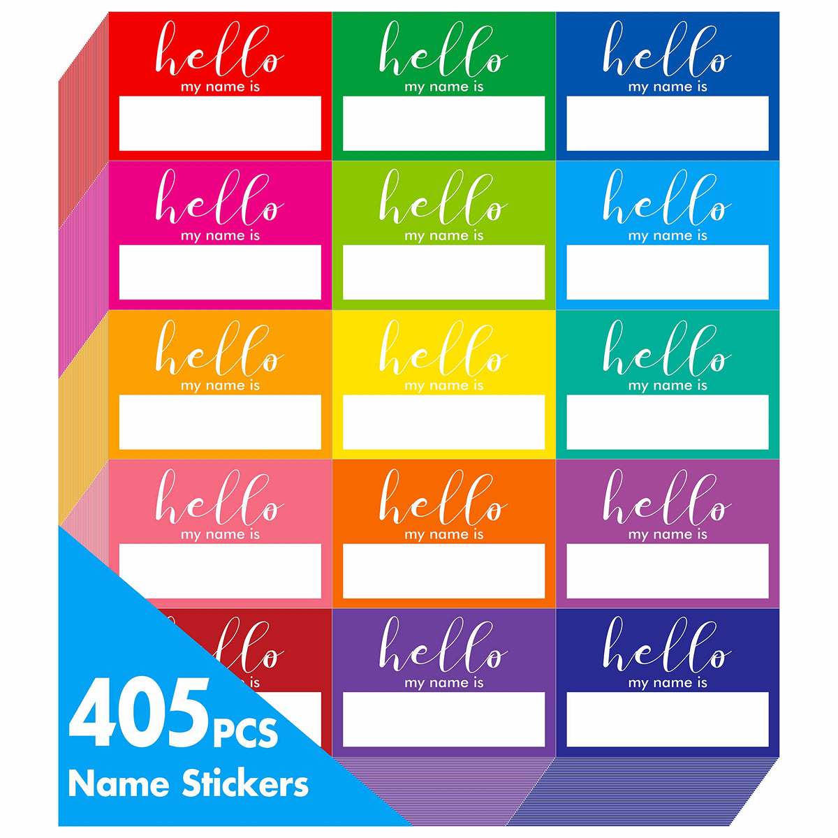 Hebayy 405 PCS Cursive Name Tag Rainbow Stickers, White Script Fonts, 15 Colors for Themed Party School Office Home (3''x2'' Each)