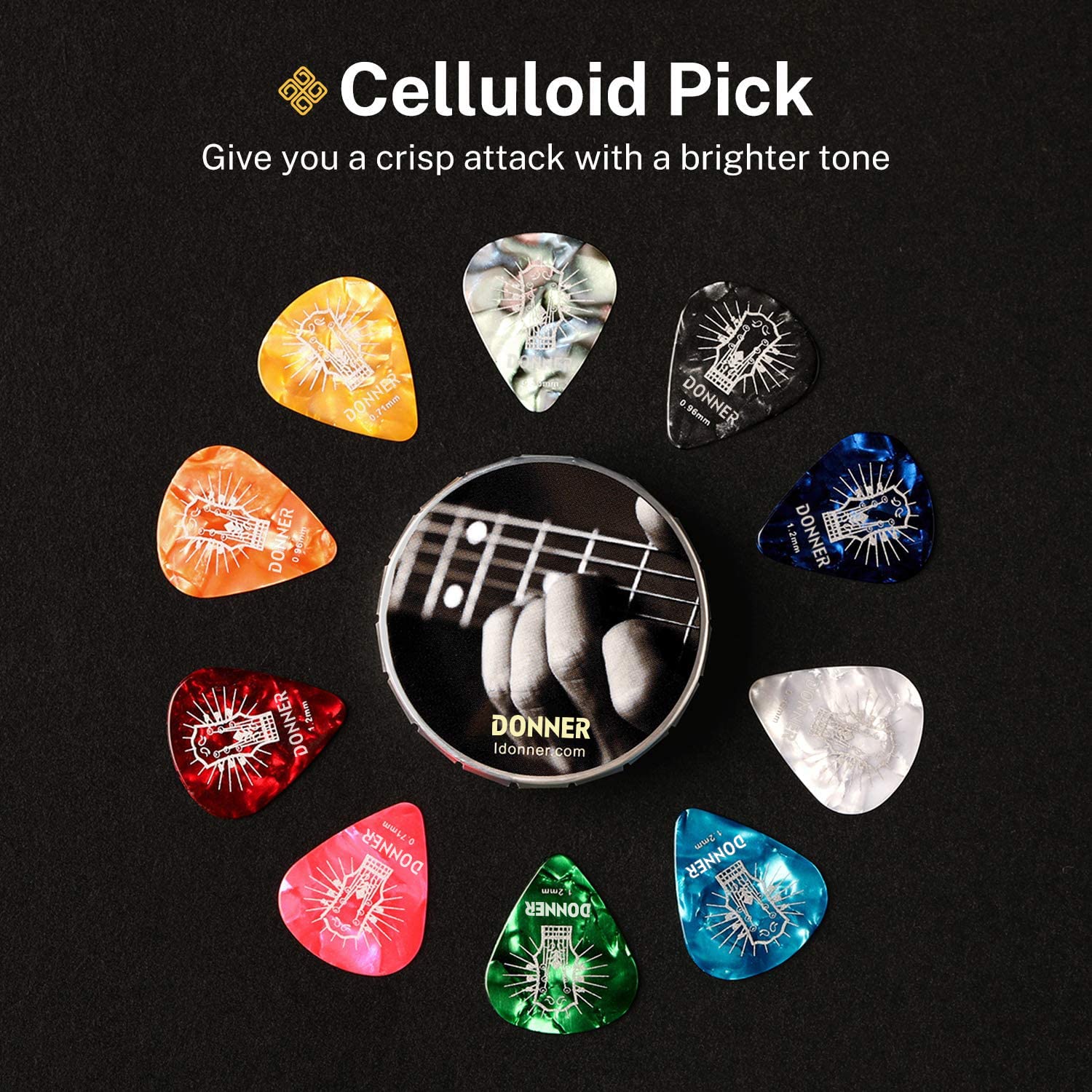 Celluloid Guitar Picks, Donner 16pcs Guitar Plectrum Including Thin, Medium, Heavy & Extra Heavy Gauges (0.46mm-1.2mm)