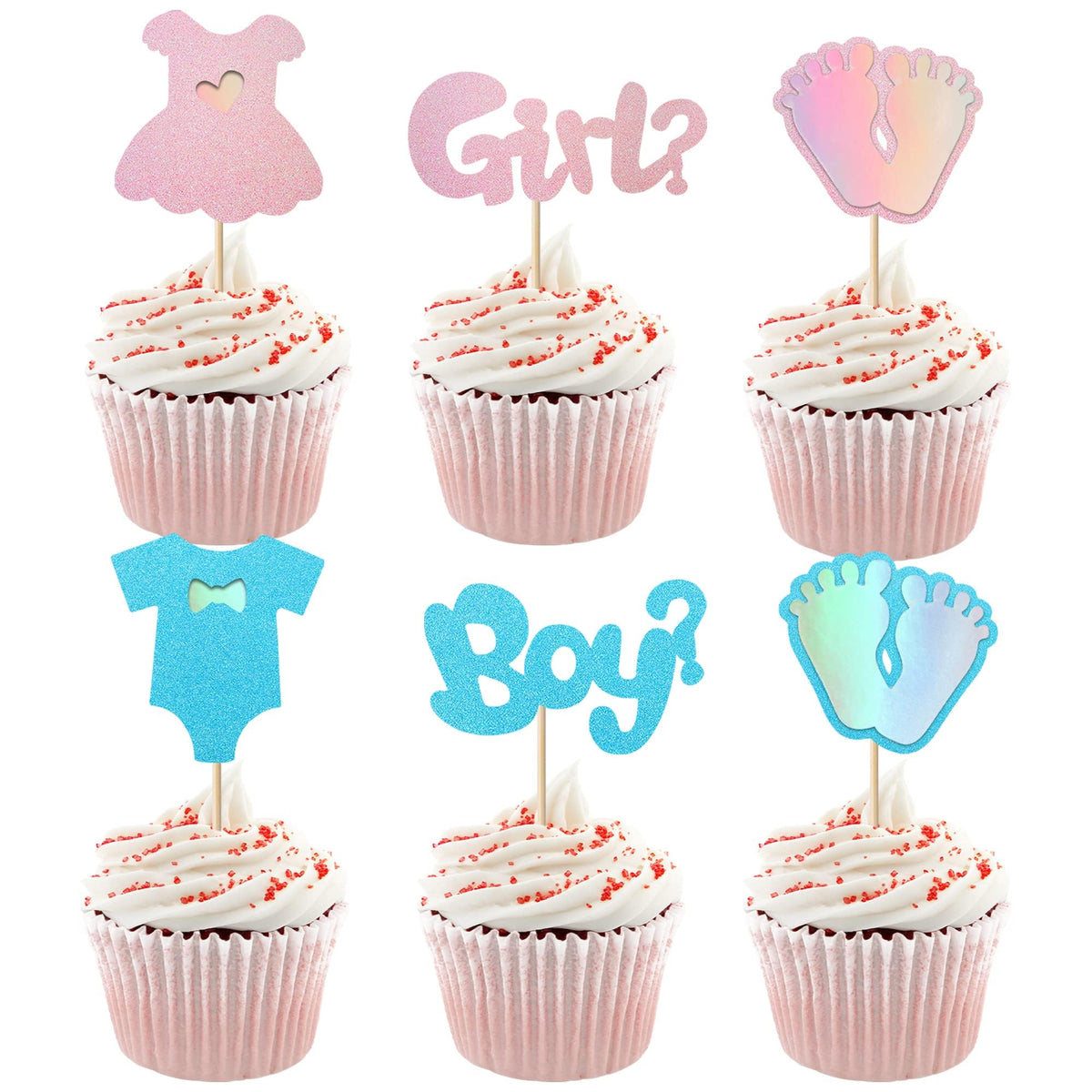 SYKYCTCY 24 Pack Boy or Girl Cupcake Toppers Gender Reveal Cupcake Picks Glitter Onesie Jumpsuit Cake Toppers Bow Tie Cake Decorations for Baby Shower Kids Birthday Theme Party Gradient