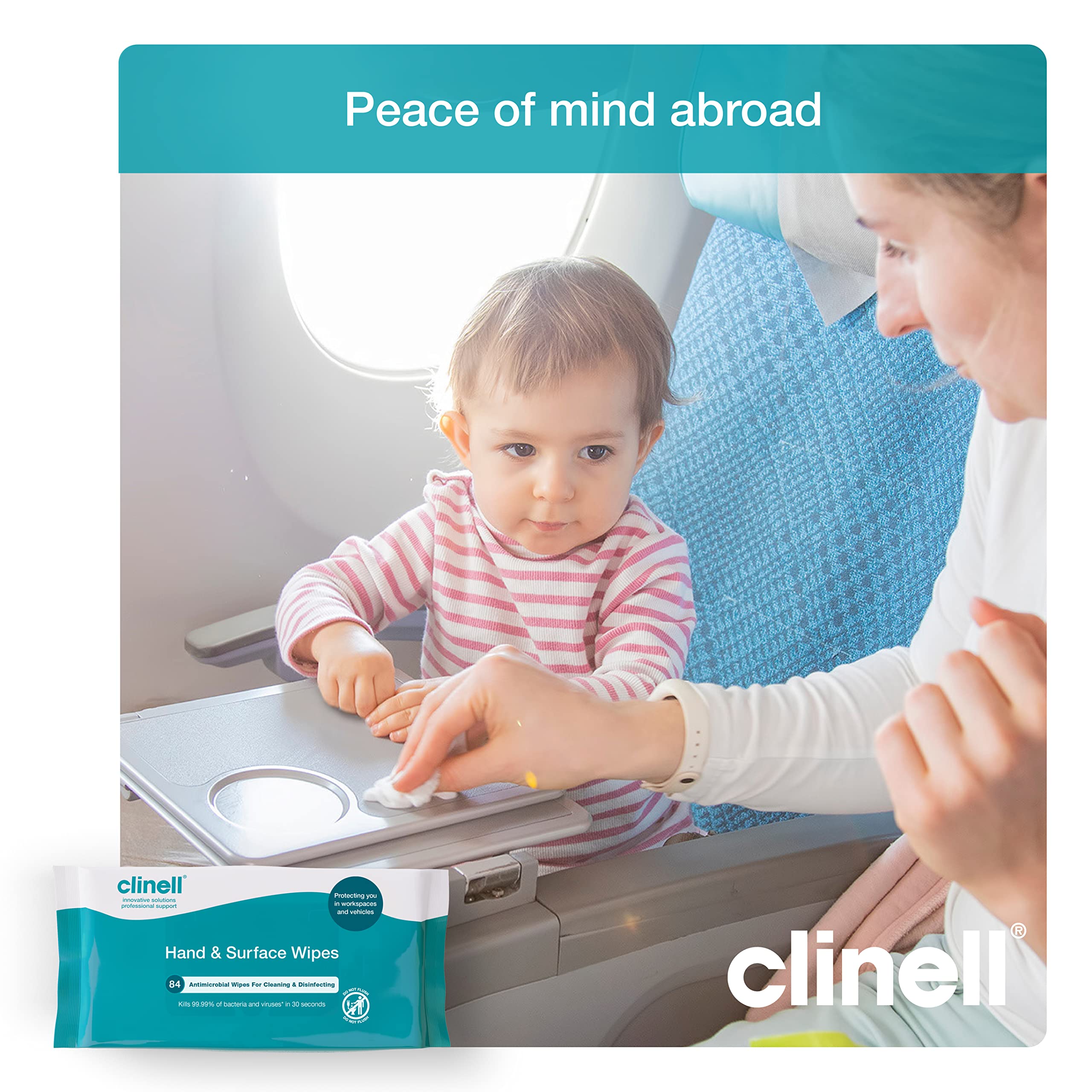 Clinell Antimicrobial Hand & Surface Wipes for Cleaning & Disinfecting - Pack of 1 - 84 Wipes - Sanitising Wipes, Ideal for Travel - Kills 99.99% of Bacteria & Viruses