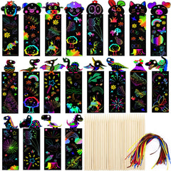 Animal Scratch Art for Kids, 48Pcs Magic Rainbow Bookmarks for Children, Scratch Art Party Bag Fillers, Craft DIY Scratch Paper Art Tags with Wooden Stylus and Ribbons for Classroom Birthday Gifts