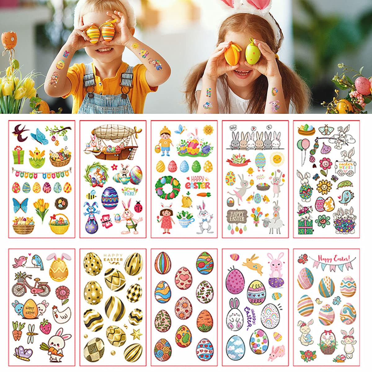 10 Sheets Easter Temporary Tattoos for Kids,200and PCS Kids Tattoos Waterproof Fake Tattoos Easter Eggs Chicken Rabbit Face Tattoo Stickers for Kids Party Bag Fillers Kids' Tattoo Easter Party Favours