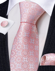 Barry.Wang Solid Pink Tie Set Men Ties Floral Necktie Handkerchief Cufflinks Wedding Party Business