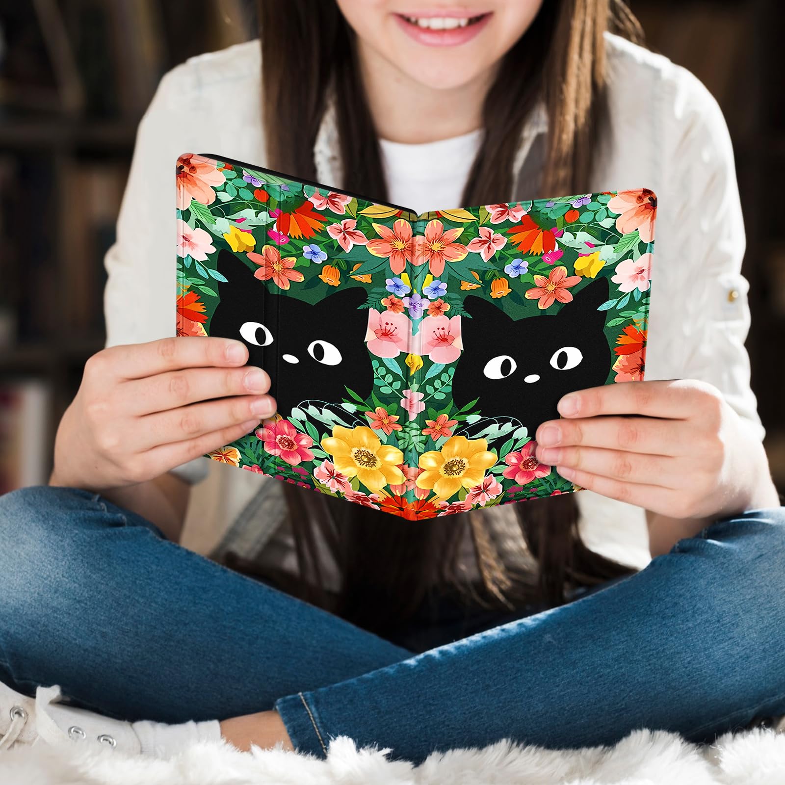 Pegmode for Kindle Paperwhite 11th Generation Case 6.8 Inch 2021 / Paperwhite Signature Edition Cute Women Girls Teens Unique Cat Flower Folio Fabric Paper White Cover Auto Sleep/Wake E-Reader