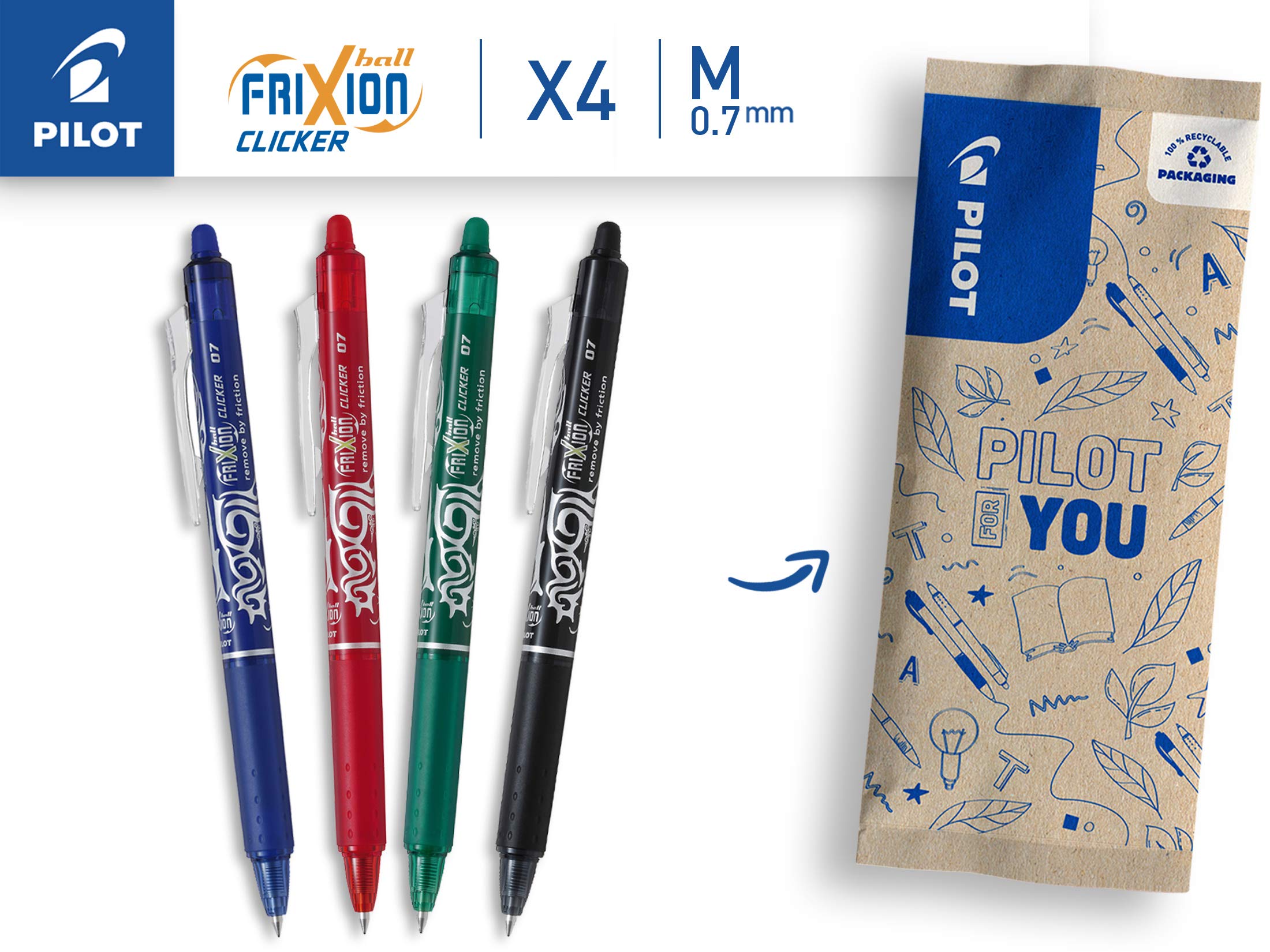 PILOT - Set of 4 Frixion Ball Clicker Erasable Retractable Pen with Thermosensitive Ink - Refillable and Ergonomic Rollerball Pen - Black, Blue, Red, Green - Medium Point