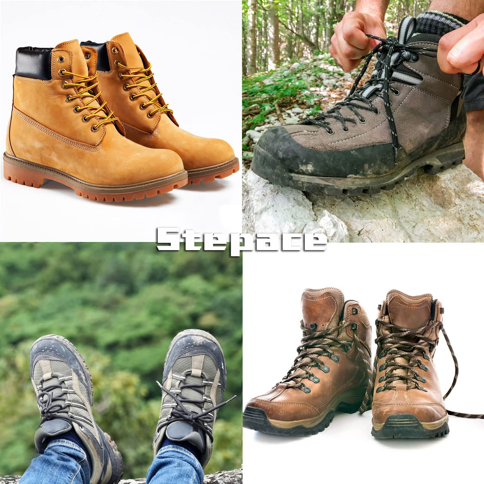 Stepace Round Shoelaces [2 Pairs] Heavy Duty Boot Shoe Laces for Hiking Work Boots Khaki Brown-140(Stripe)