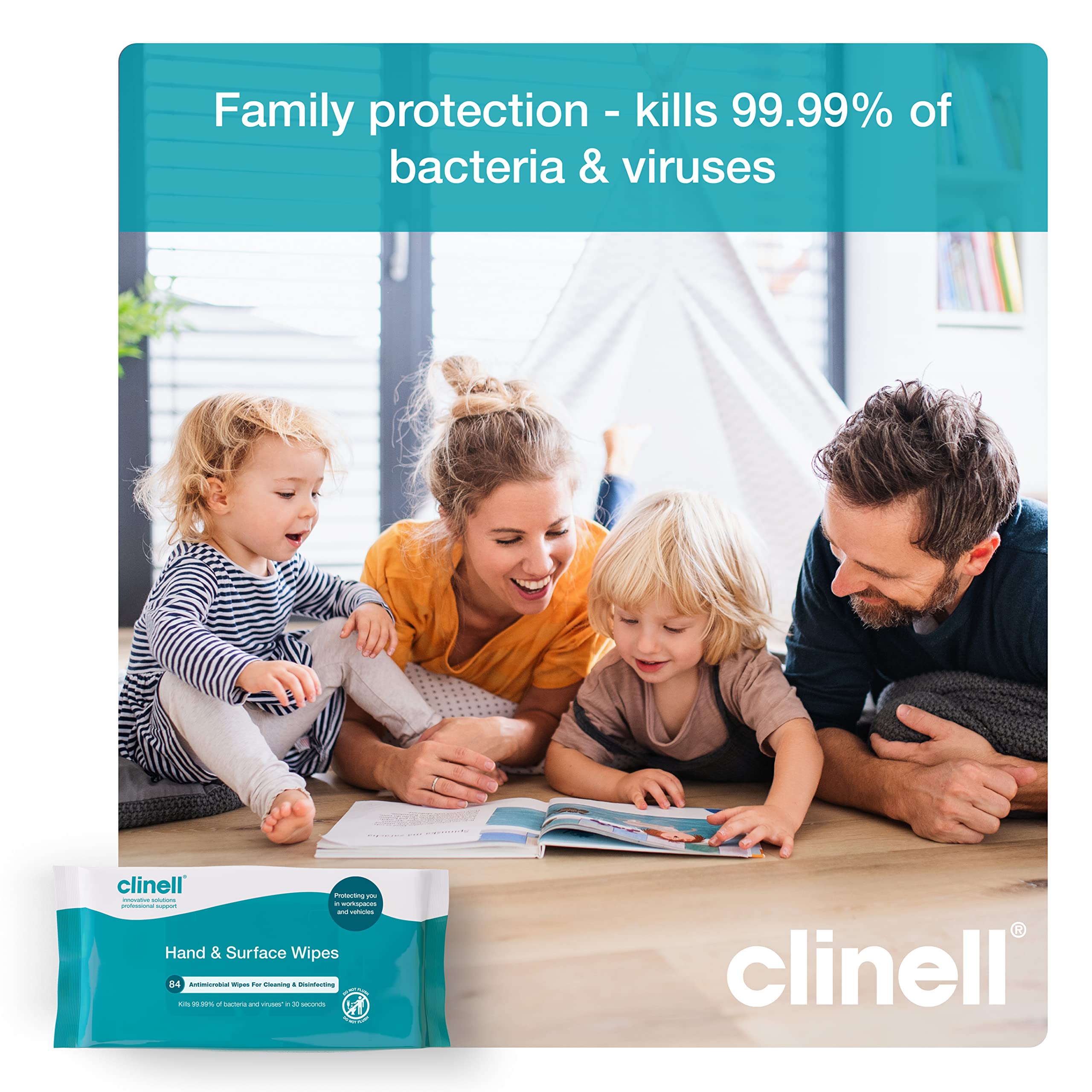 Clinell Antimicrobial Hand & Surface Wipes for Cleaning & Disinfecting - Pack of 1 - 84 Wipes - Sanitising Wipes, Ideal for Travel - Kills 99.99% of Bacteria & Viruses