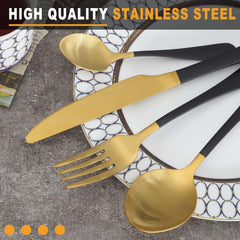 BEWOS 16 Pieces Gold and Black Cutlery Set for 4, Food Grade Stainless Steel Tableware Includes Forks, Steak Knives and Spoons, Dishwasher Safe Silverware Set, Upgraded Mattgold Colorful Design