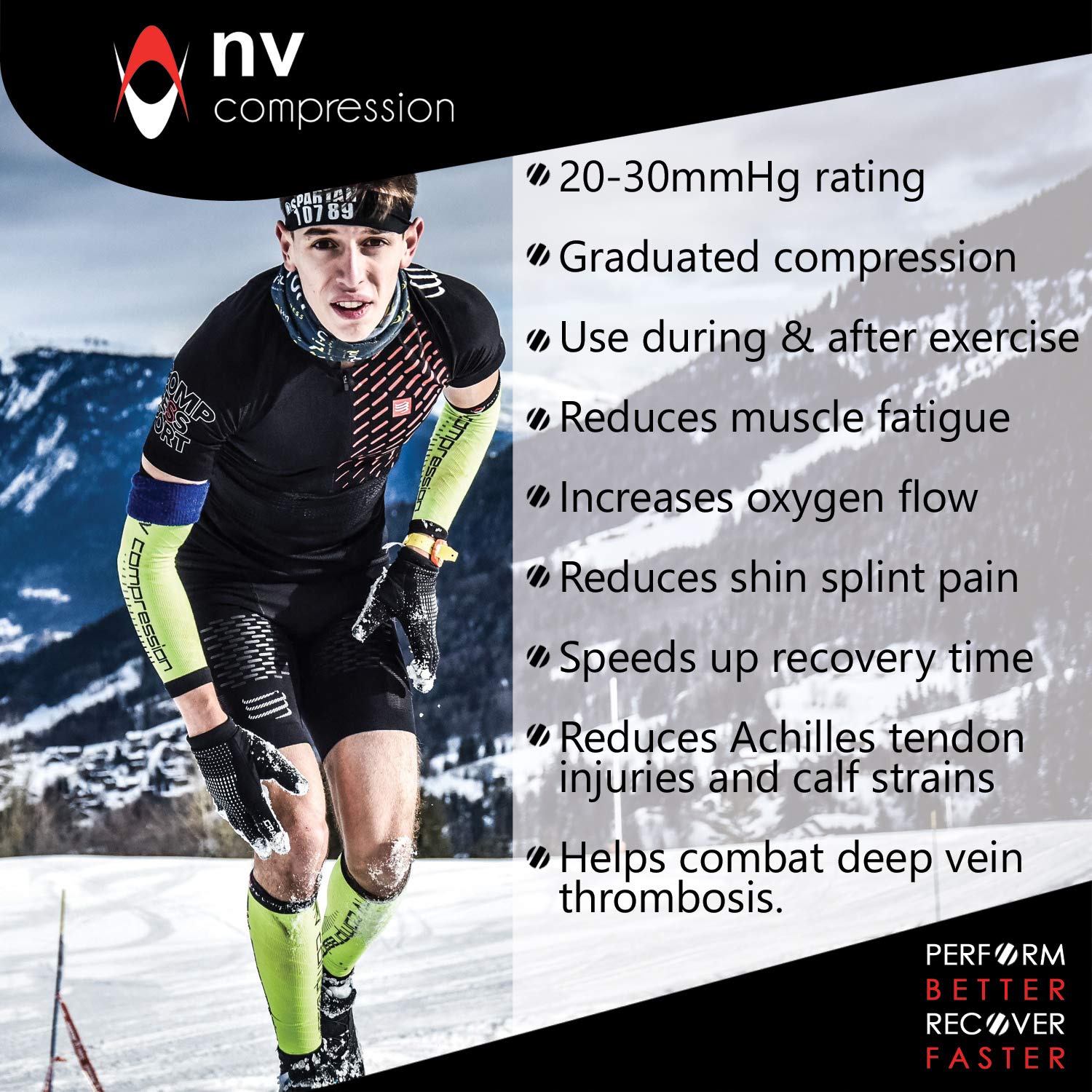 NV Compression Essential Race and Recover Calf Guards/Sleeves (PAIR) 20-30mmHg - For Sports Recovery, Shin Splints, Medical, Work, Flight - Running, Cycling (S.Blk, XXL)