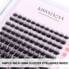 DIY Cluster Eyelash Extensions Kit with Lash Bond & Seal and Applicator, 144 Pcs 0.10mm 56D 9-15mm Mixed Wide-stem Cluster Lash, Individual Lashes Kit at Home (144P Eyelash Kit, Mix 9-15mm)