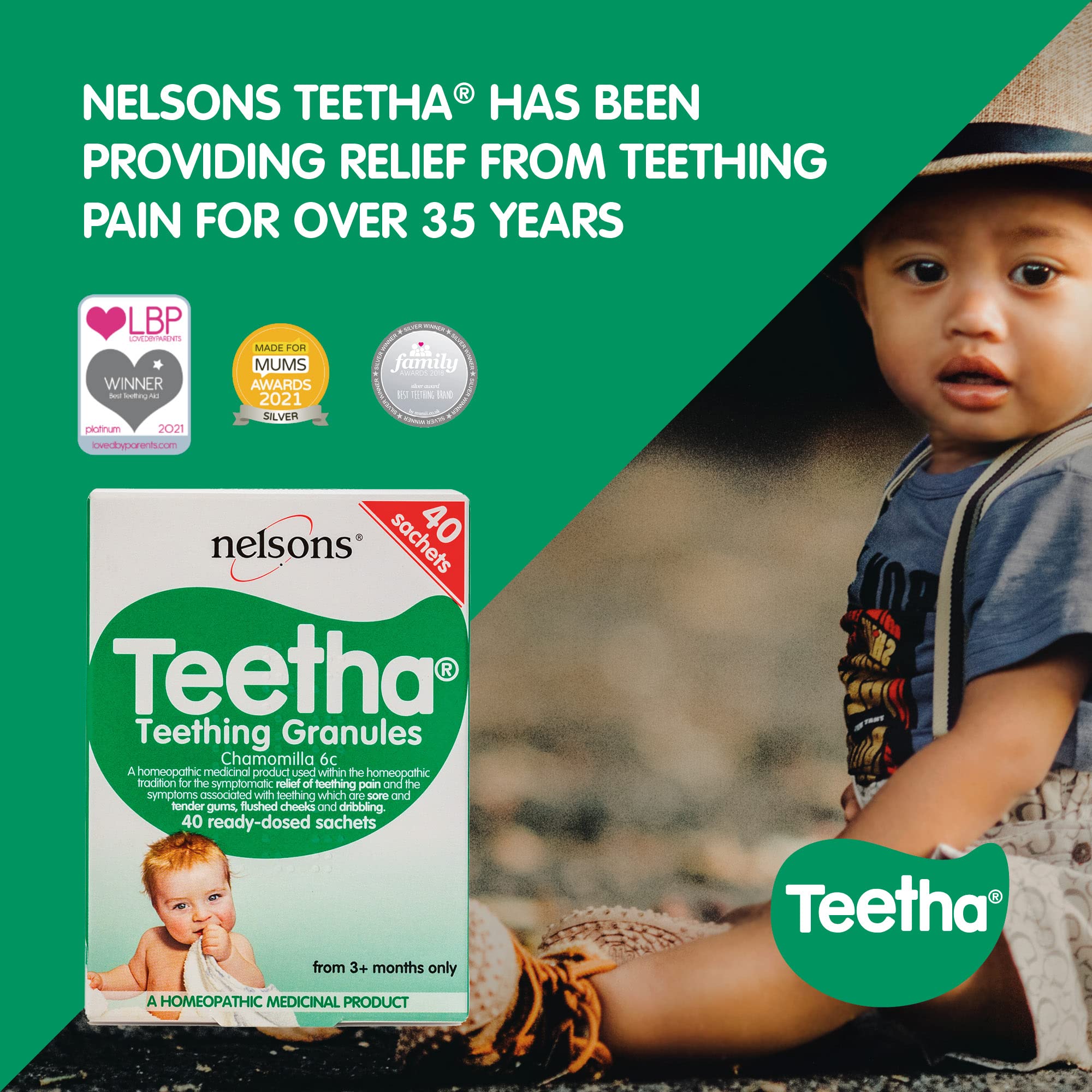 Teetha Baby Teething Granules, 40 Sachets, 3and Months, 6c Chamomilla, Homeopathic Relief For Soothing & Calming Teething Symptoms, System-Booster For Babies & Toddlers