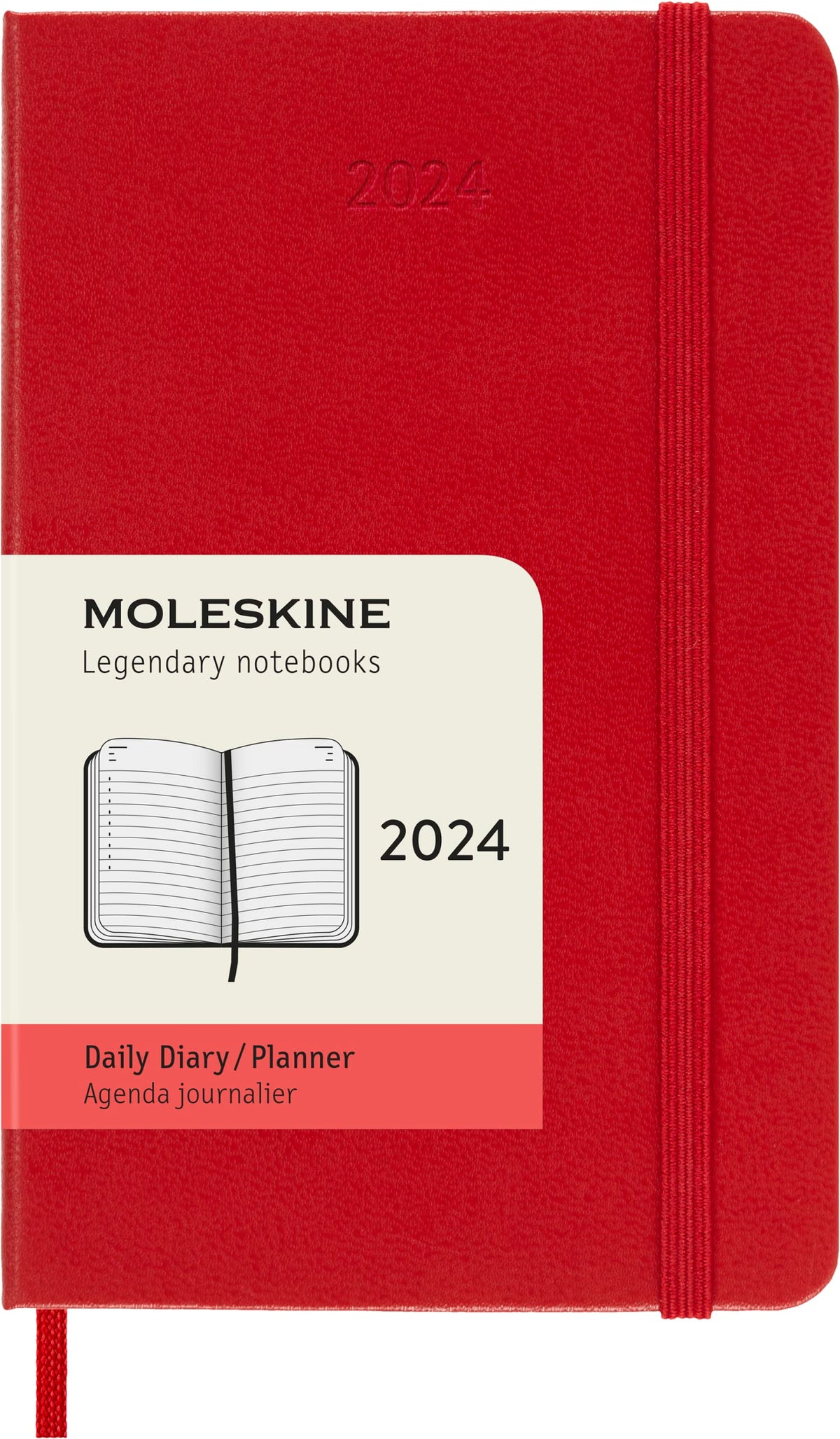 Moleskine Daily Agenda 12 Months 2024, Agenda 2024, Size Pocket 9x14, Hard Cover and Elastic Closure, Colour Scarlet Red